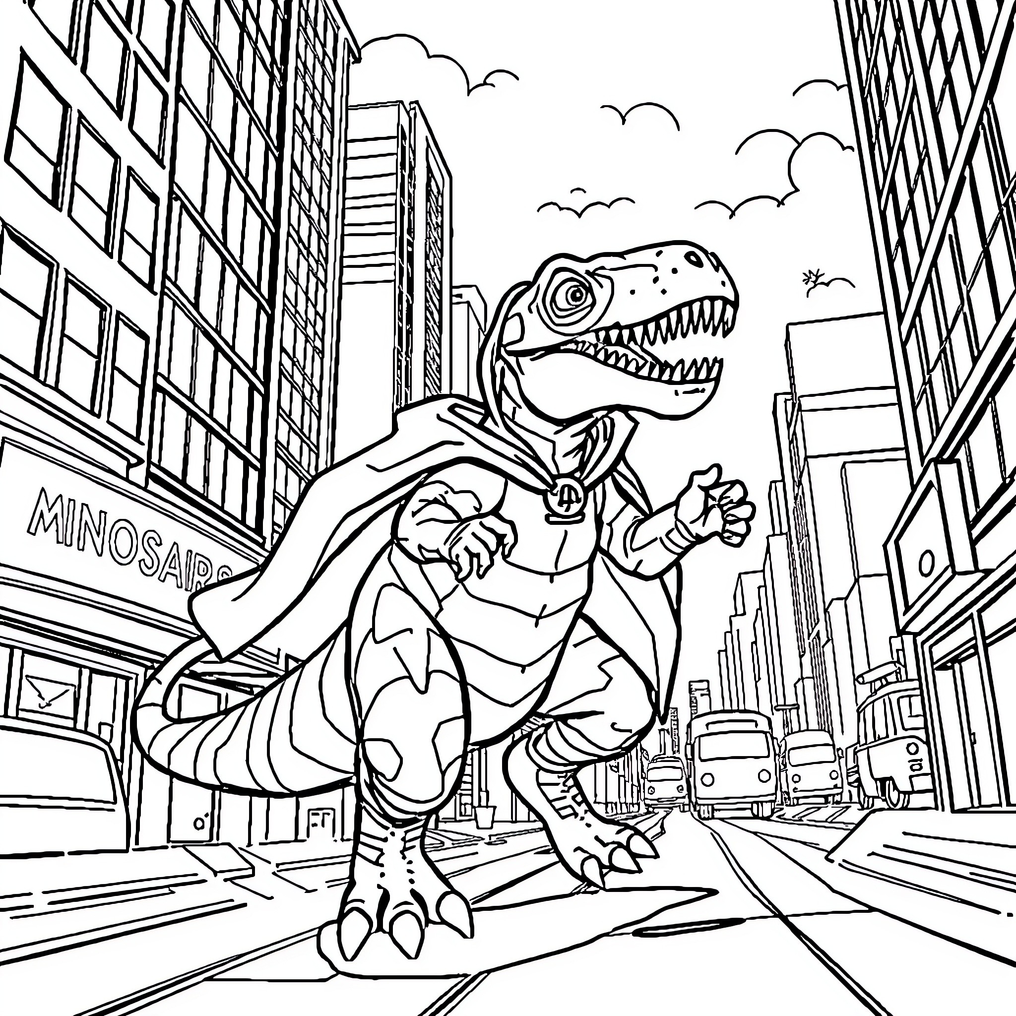 Dinosaur in heroic pose in the city Coloring Page (free black-and-white line drawing printable PDF for all, from beginners to advanced learners, including children, teens, adults, and seniors)