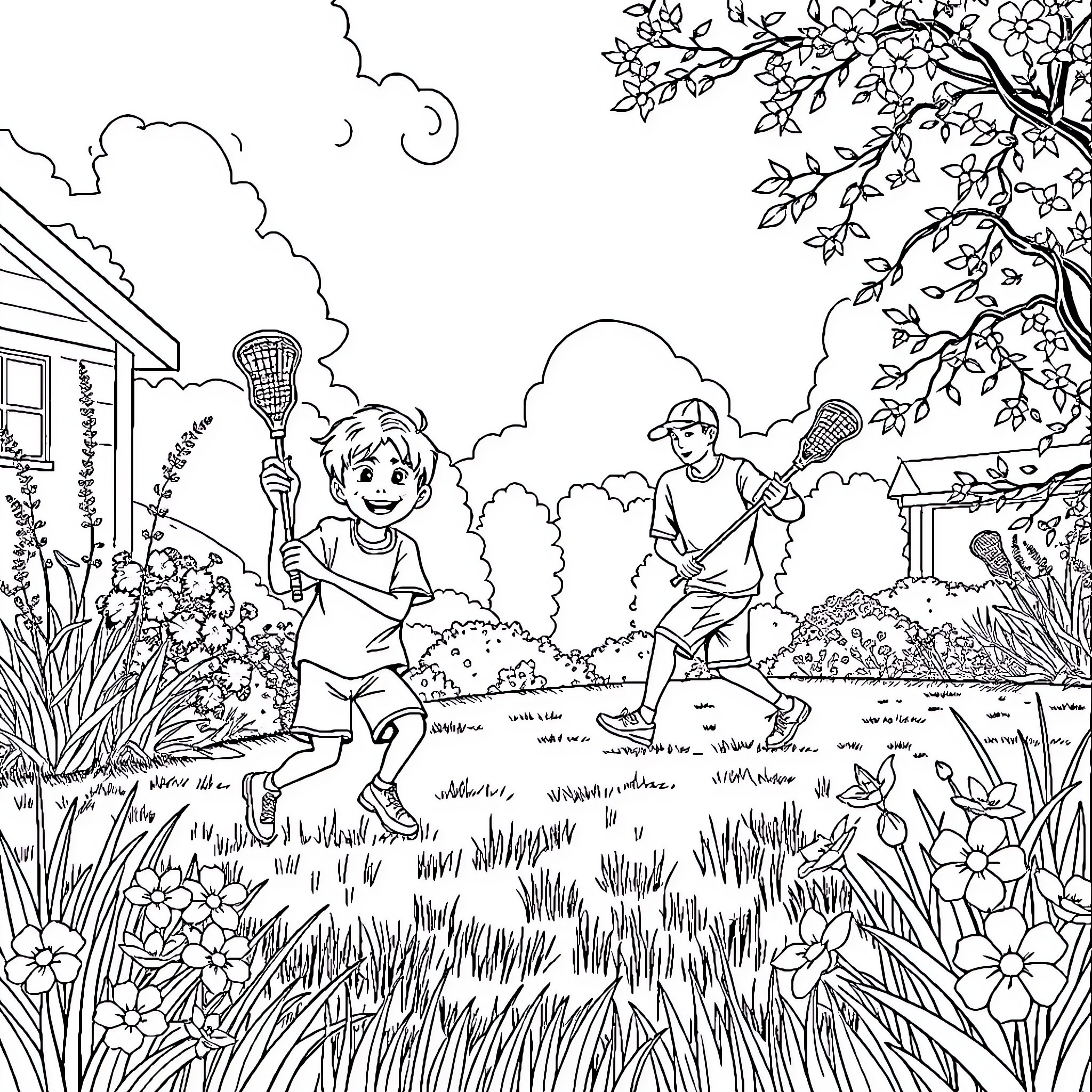 Boy and girl playing lacrosse in the backyard Coloring Page (free black-and-white line drawing printable PDF for all, from beginners to advanced learners, including children, teens, adults, and seniors)