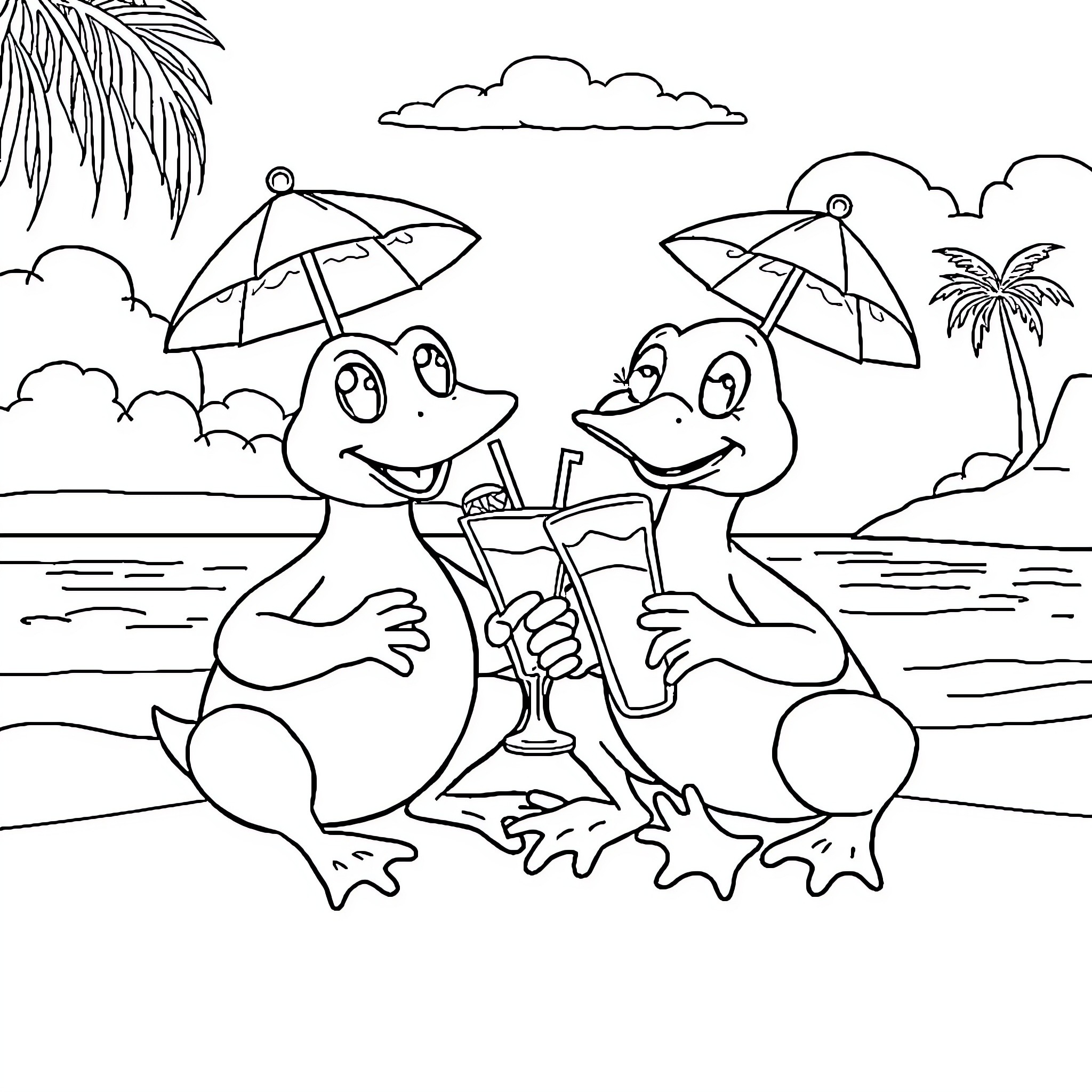 Frogs enjoying tropical beach with umbrellas Coloring Page (free black-and-white line drawing printable PDF for all, from beginners to advanced learners, including children, teens, adults, and seniors)
