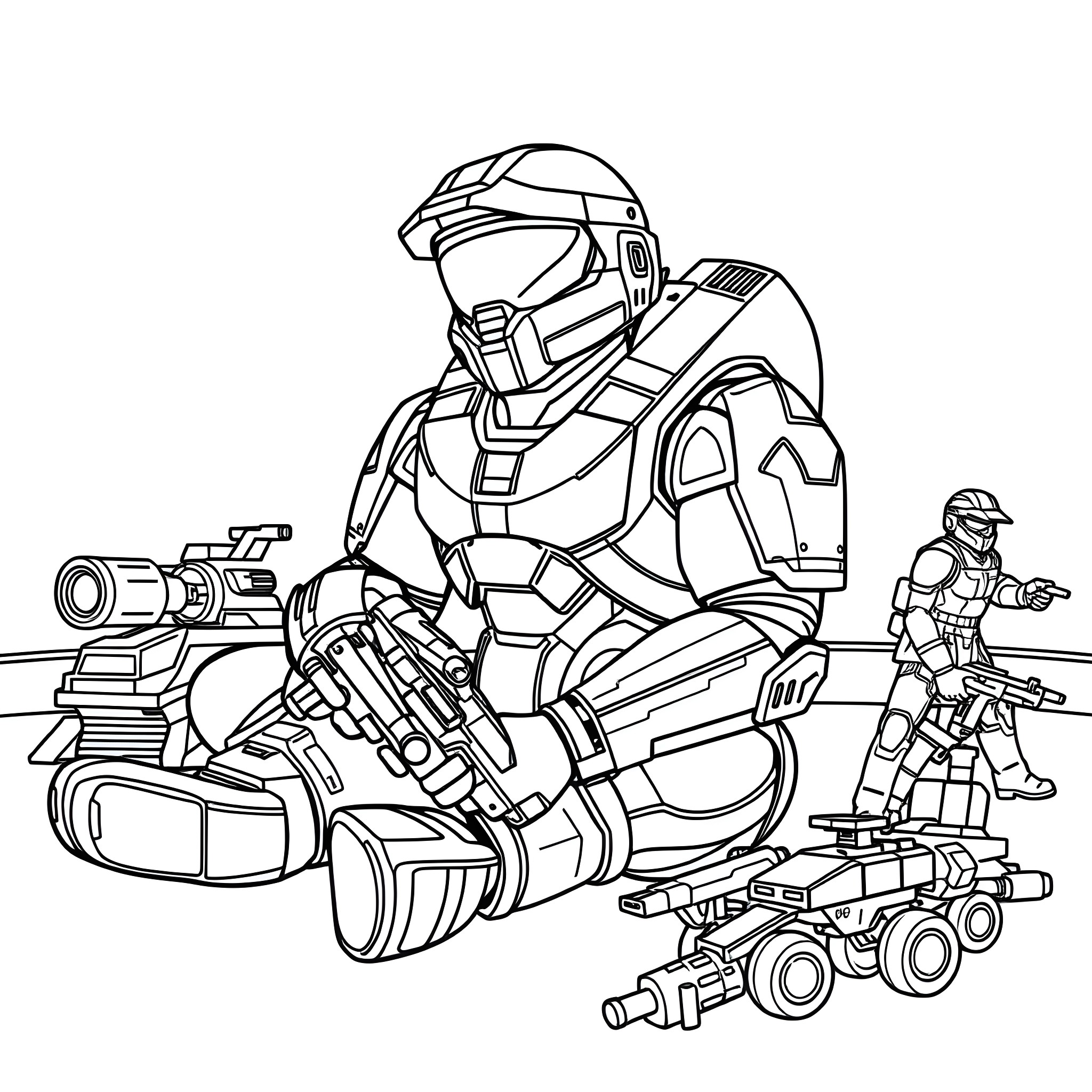 Master Chief in Action with Military Vehicles Coloring Page (free black-and-white line drawing printable PDF for all, from beginners to advanced learners, including children, teens, adults, and seniors)