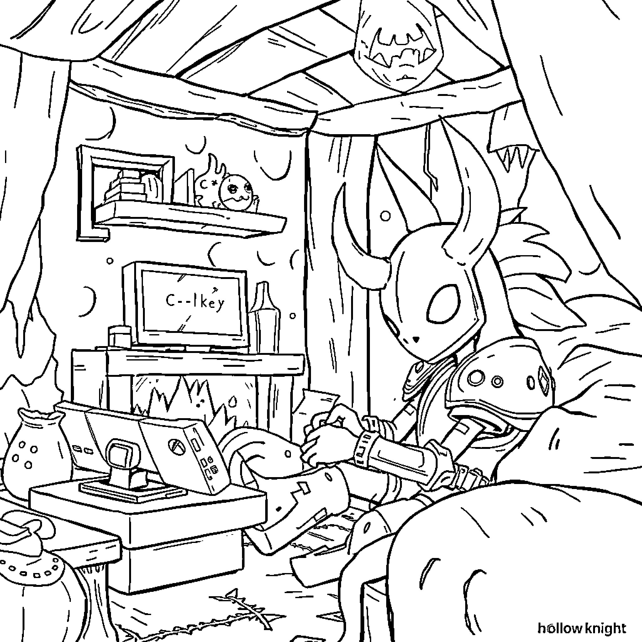 Caballerito's Cozy Hideaway Coloring Page (free black-and-white line drawing printable PDF for all, from beginners to advanced learners, including children, teens, adults, and seniors)