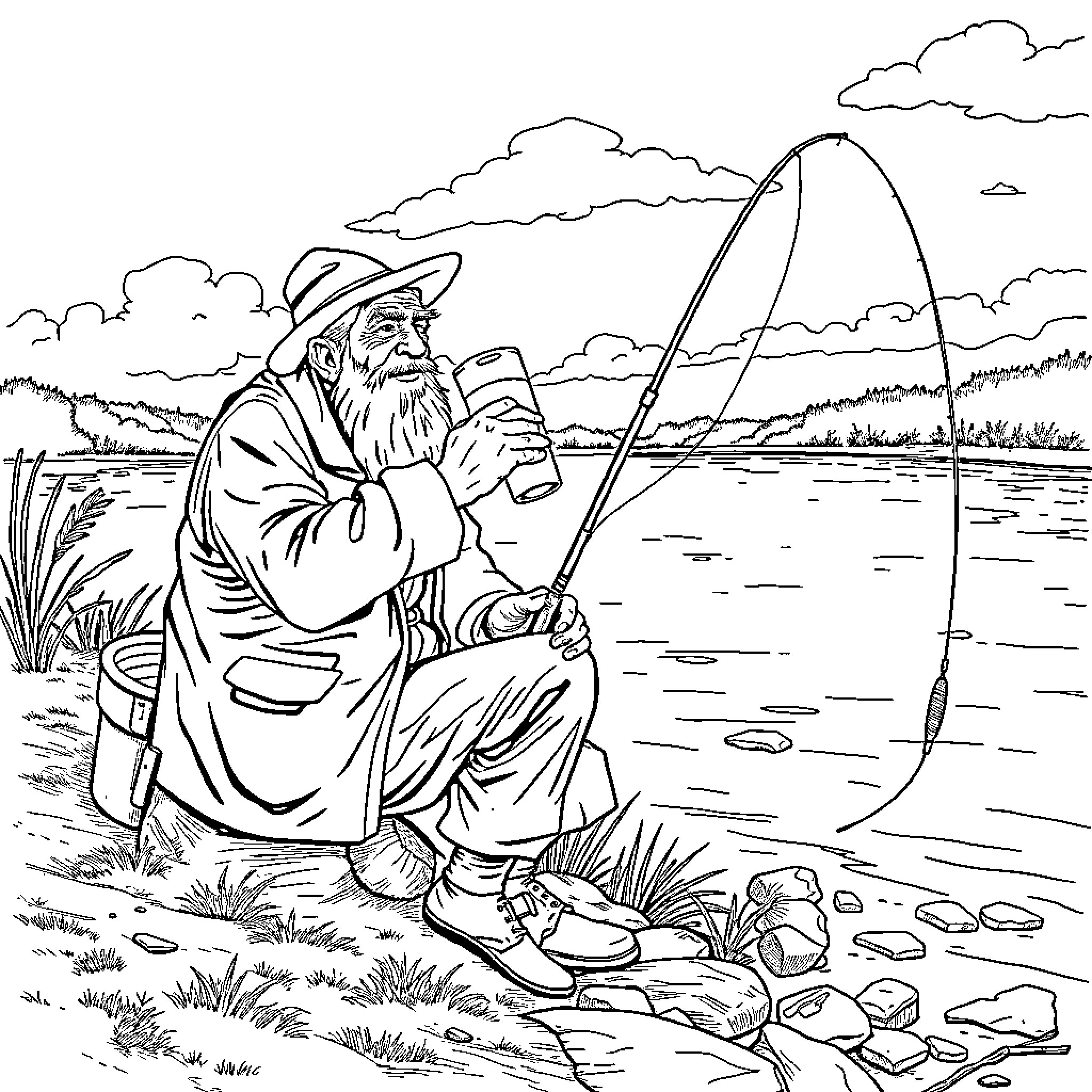Man fishing intently by a river Coloring Page (free black-and-white line drawing printable PDF for all, from beginners to advanced learners, including children, teens, adults, and seniors)