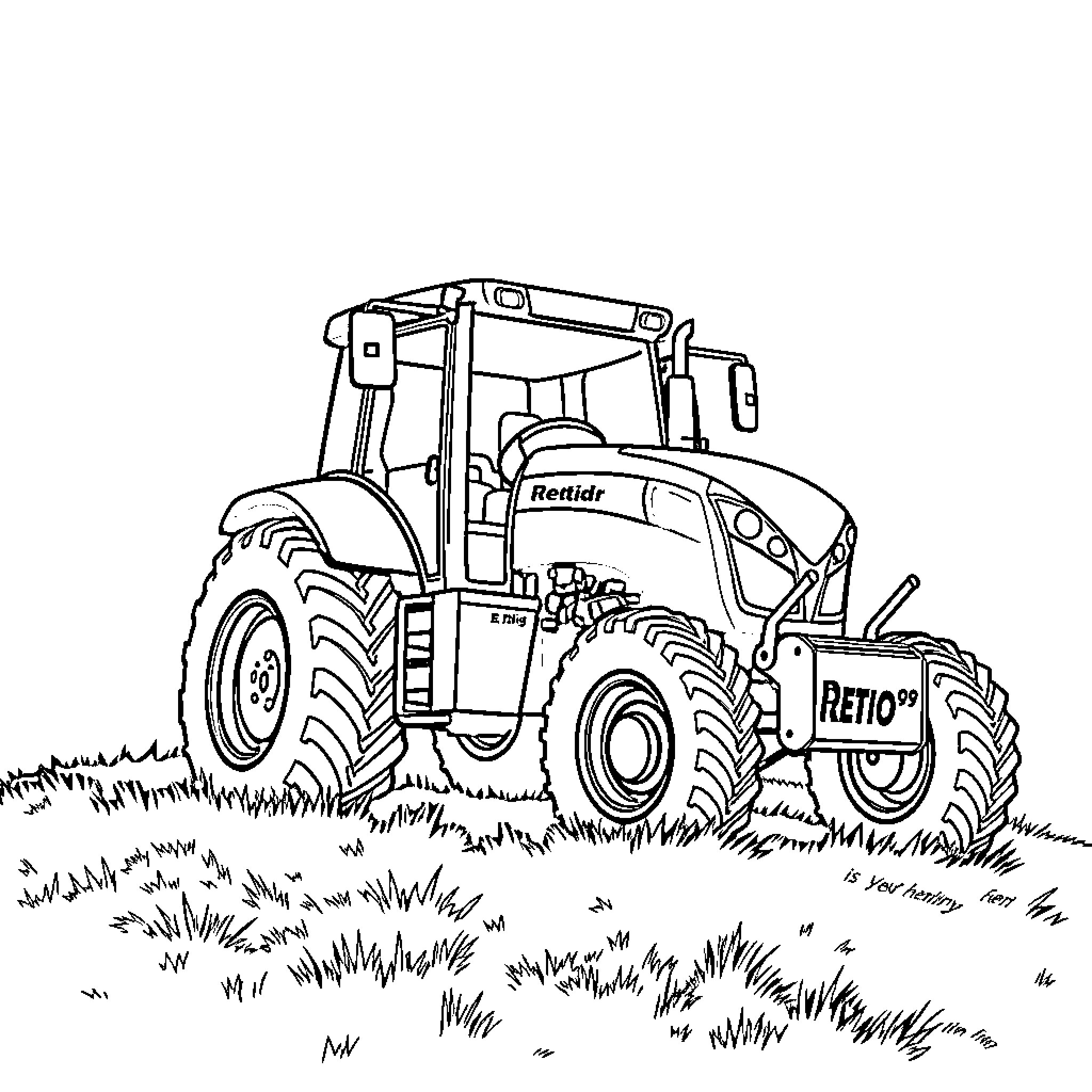 Tractor plowing through grassy field Coloring Page (free black-and-white line drawing printable PDF for all, from beginners to advanced learners, including children, teens, adults, and seniors)