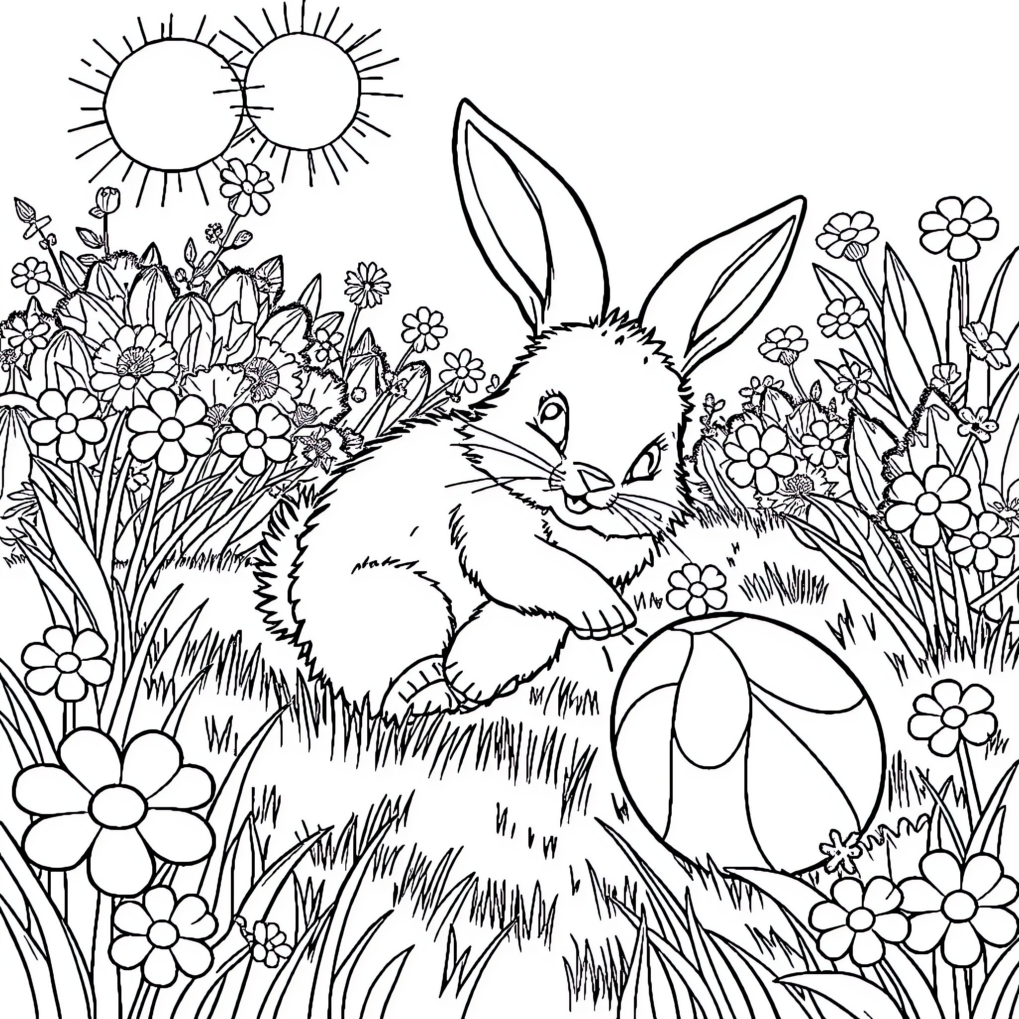 Rabbit playing amidst blooming flowers and sunshine Coloring Page (free black-and-white line drawing printable PDF for all, from beginners to advanced learners, including children, teens, adults, and seniors)