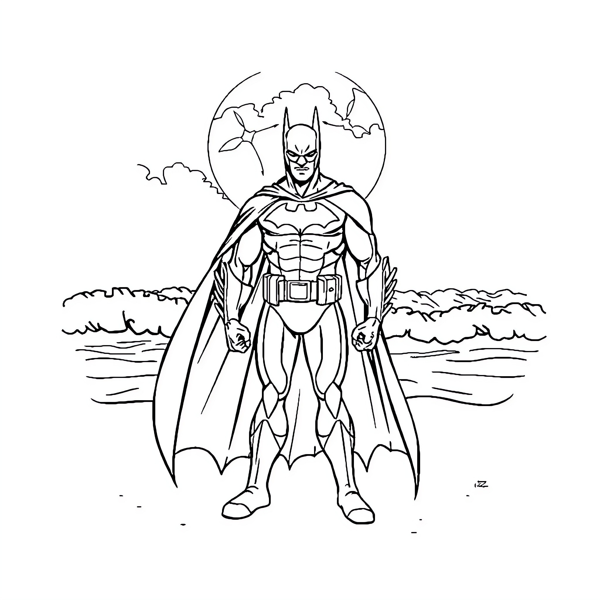 Batman standing heroically with bats in the night sky Coloring Page (free black-and-white line drawing printable PDF for all, from beginners to advanced learners, including children, teens, adults, and seniors)
