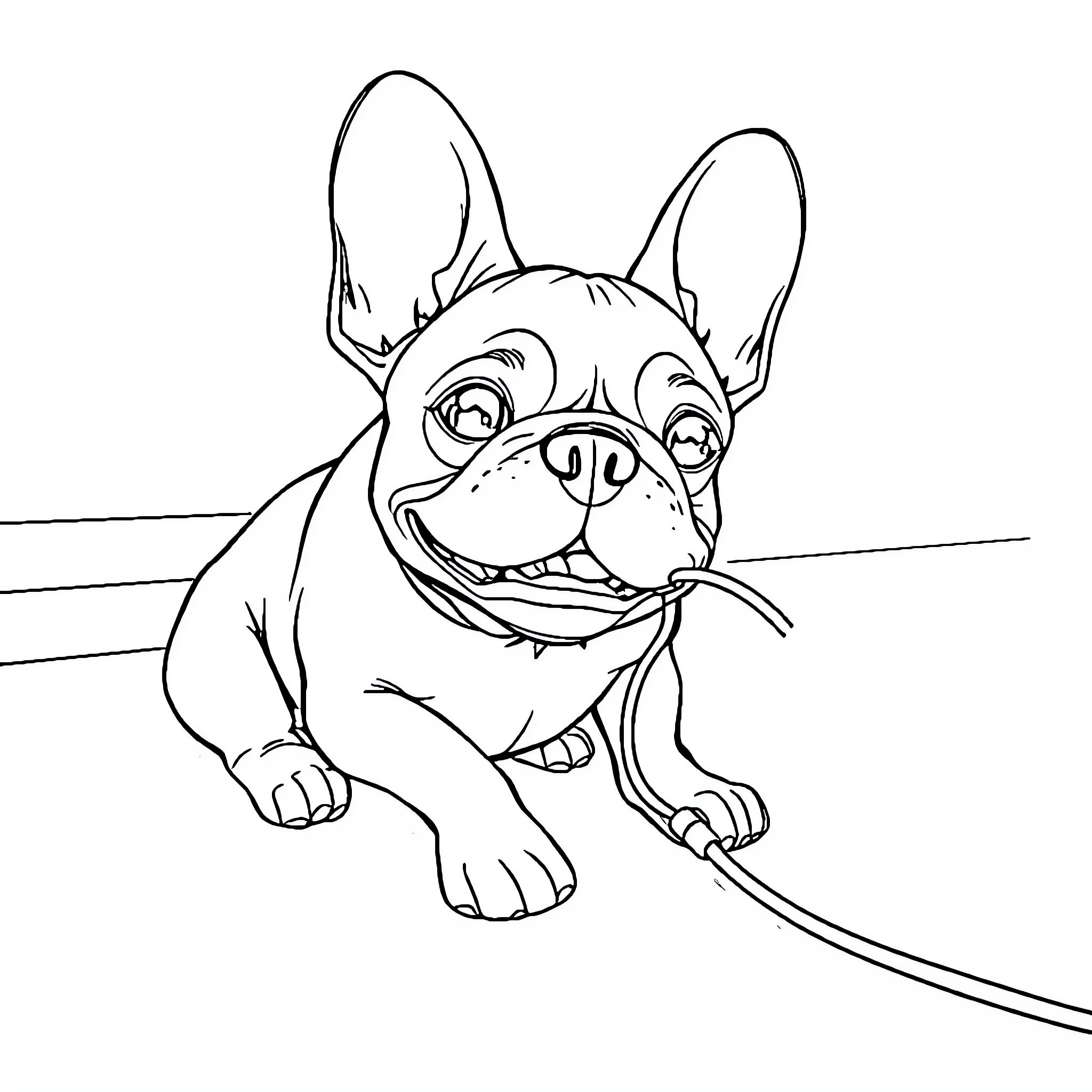 French Bulldog happily walking on leash Coloring Page (free black-and-white line drawing printable PDF for all, from beginners to advanced learners, including children, teens, adults, and seniors)