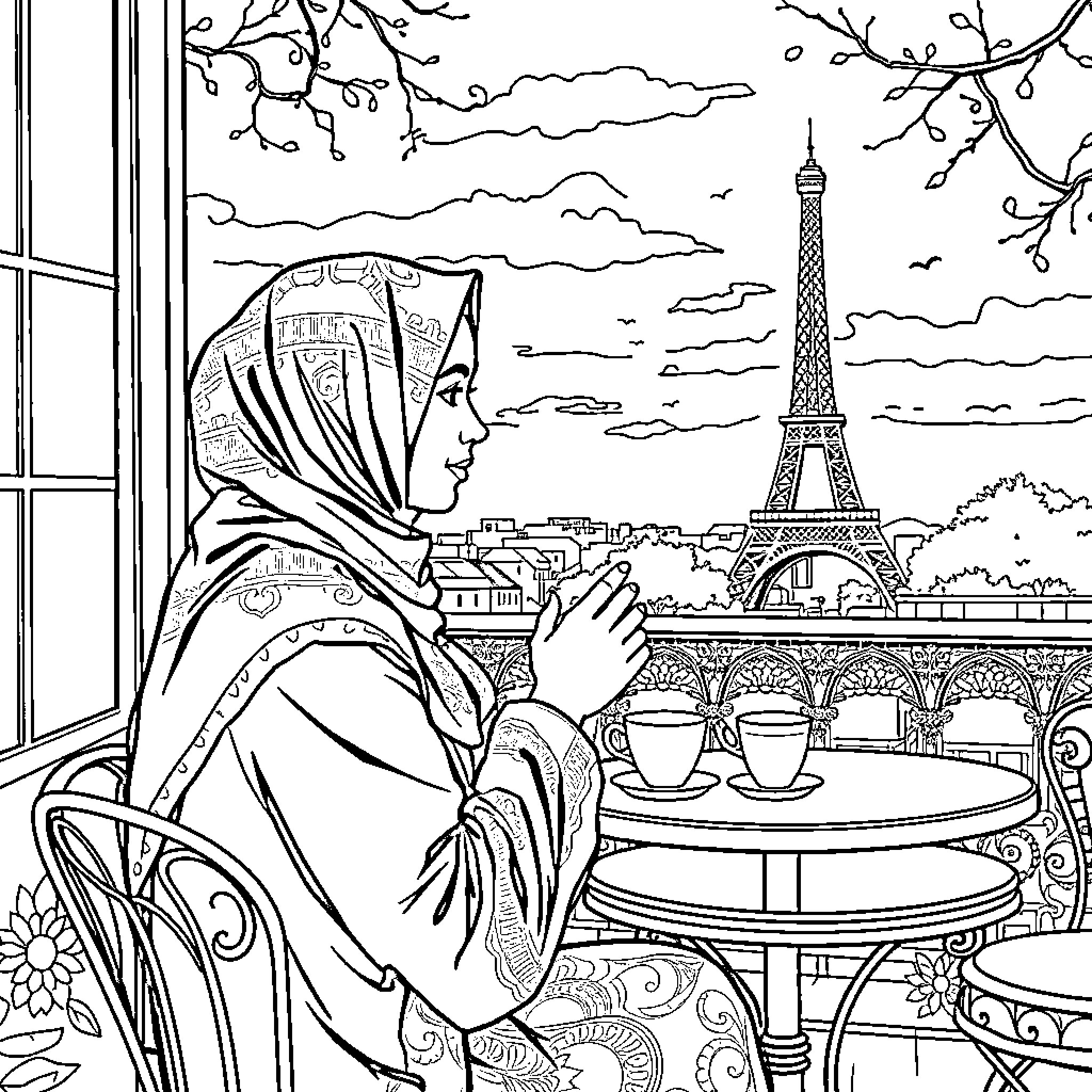 Woman admiring the Eiffel Tower from a Parisian cafe Coloring Page (free black-and-white line drawing printable PDF for all, from beginners to advanced learners, including children, teens, adults, and seniors)