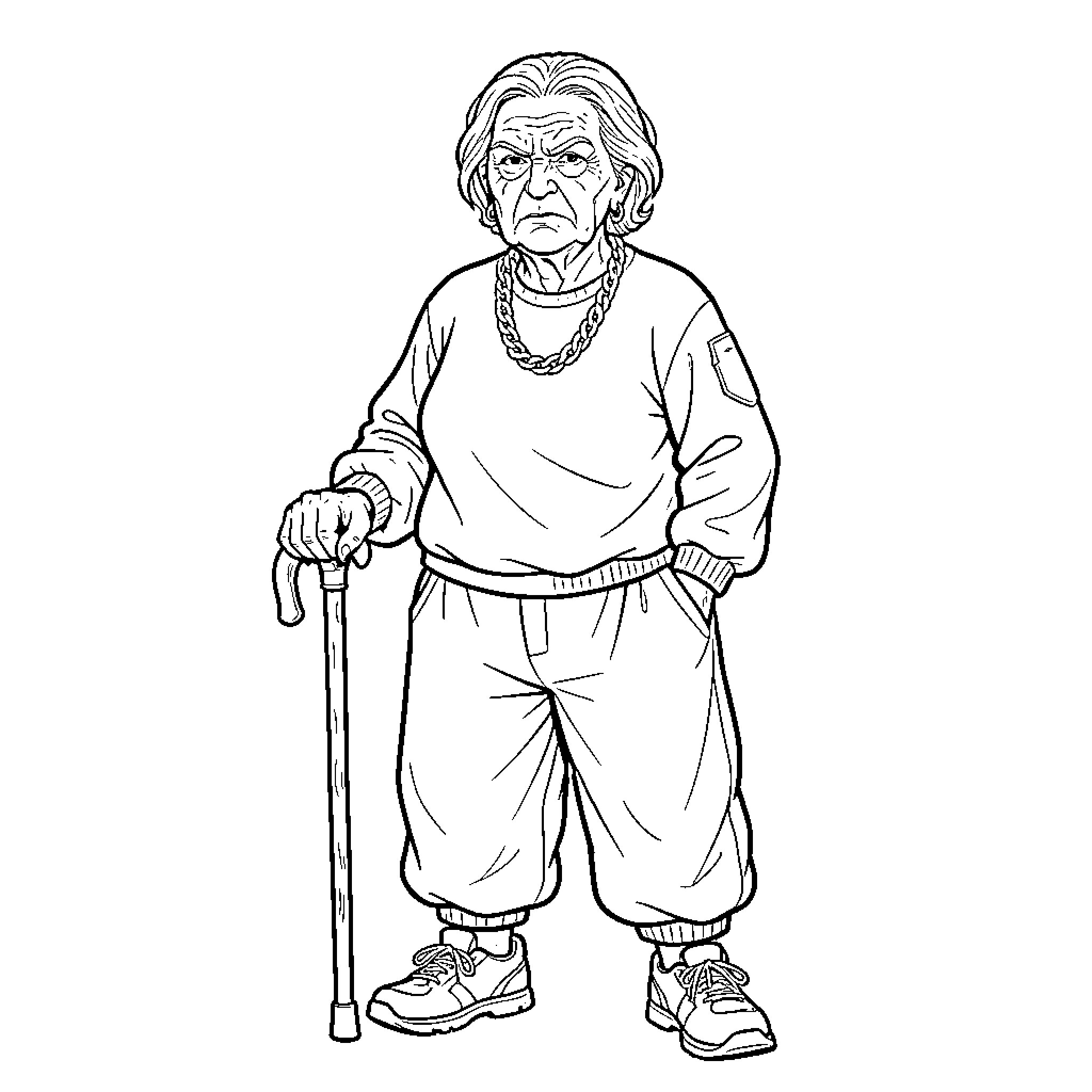 Granny standing with a cane wearing casual clothes Coloring Page (free black-and-white line drawing printable PDF for all, from beginners to advanced learners, including children, teens, adults, and seniors)