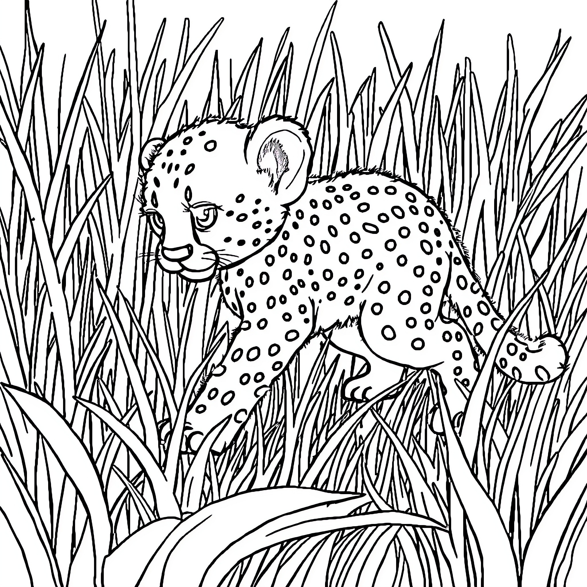 Baby Cheetah exploring the tall grass Coloring Page (free black-and-white line drawing printable PDF for all, from beginners to advanced learners, including children, teens, adults, and seniors)