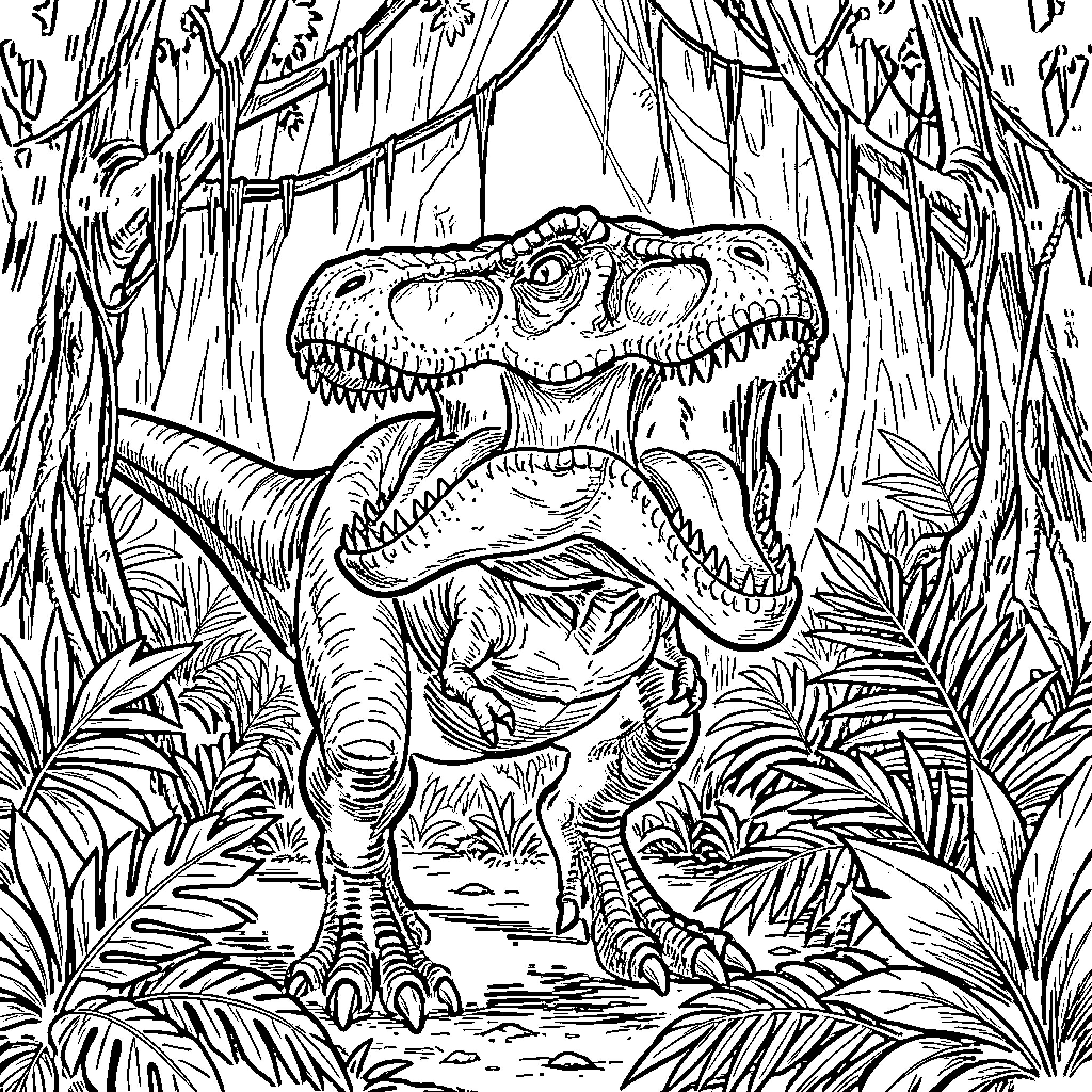 T-Rex roaring loudly in a dense jungle Coloring Page (free black-and-white line drawing printable PDF for all, from beginners to advanced learners, including children, teens, adults, and seniors)
