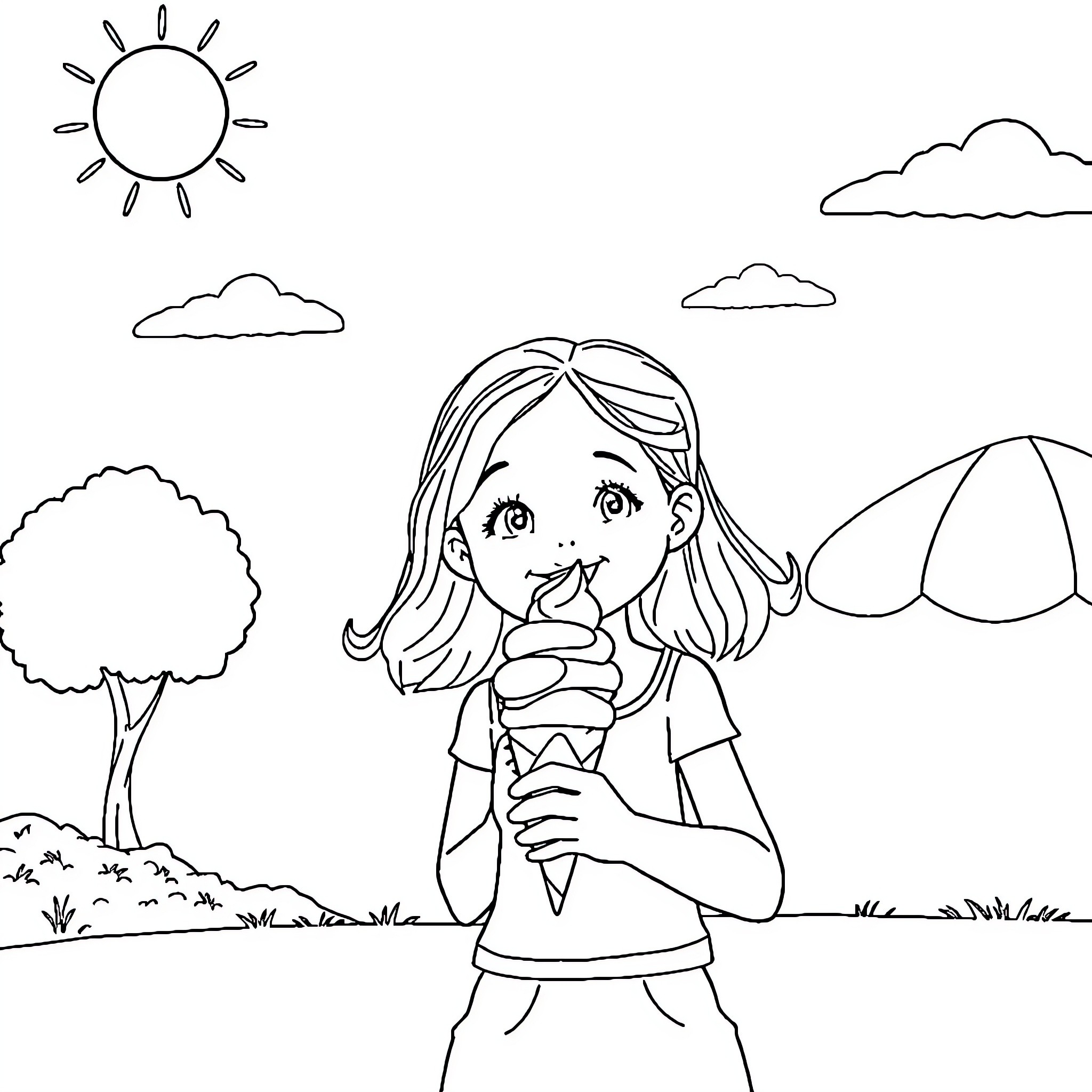 Girl enjoys a sunny day with ice cream Coloring Page (free black-and-white line drawing printable PDF for all, from beginners to advanced learners, including children, teens, adults, and seniors)