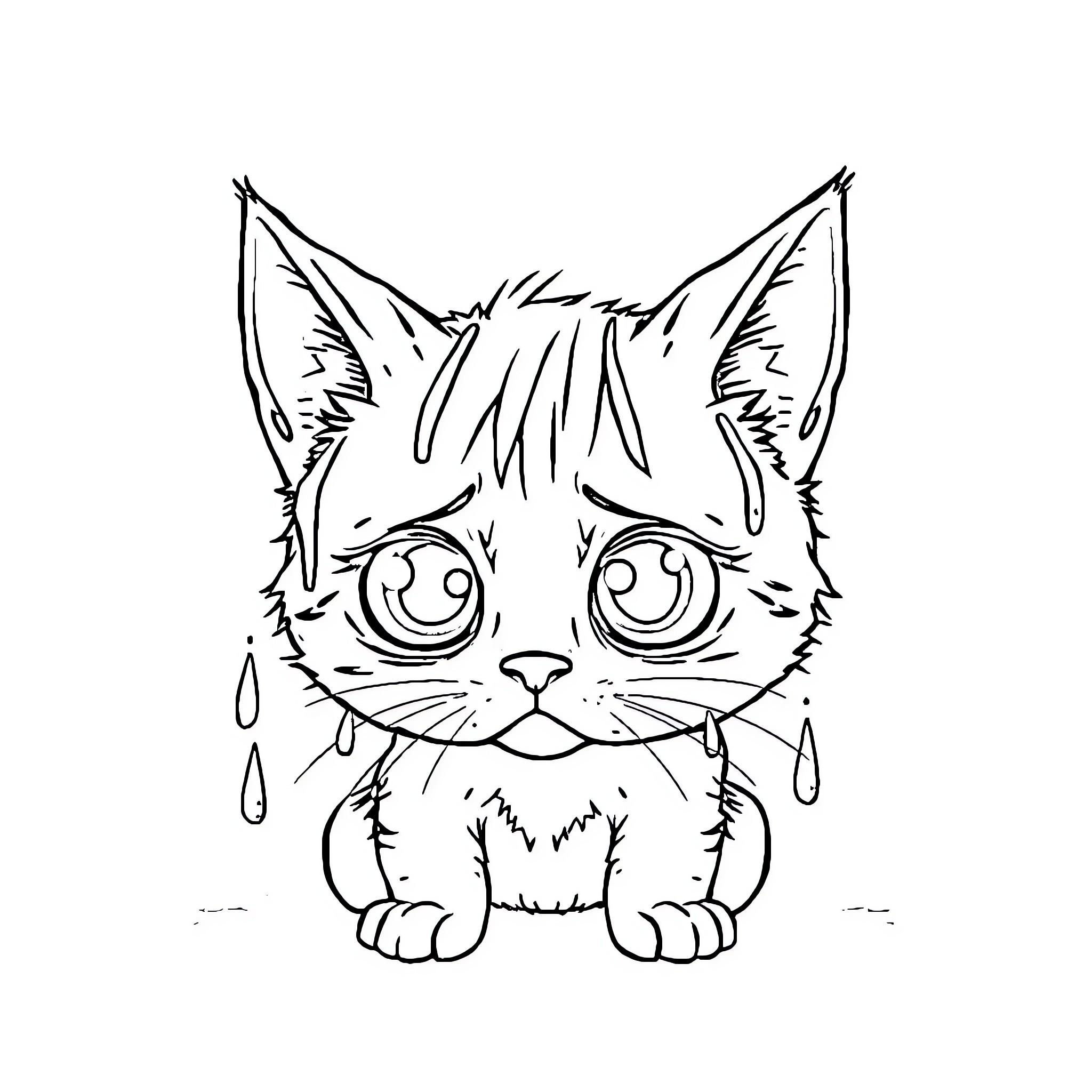 Cat with sad expression and teary eyes Coloring Page (free black-and-white line drawing printable PDF for all, from beginners to advanced learners, including children, teens, adults, and seniors)