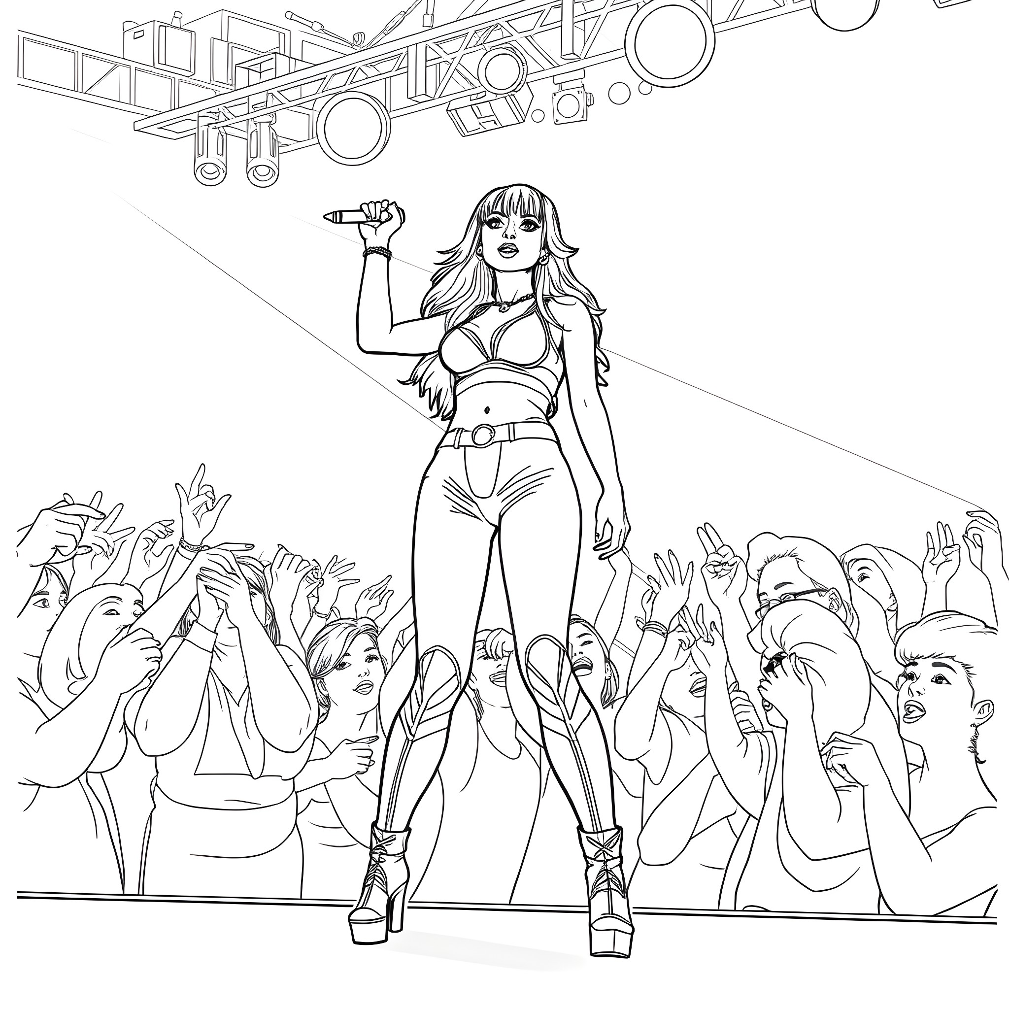 Charli XCX performing on stage with adoring crowd Coloring Page (free black-and-white line drawing printable PDF for all, from beginners to advanced learners, including children, teens, adults, and seniors)