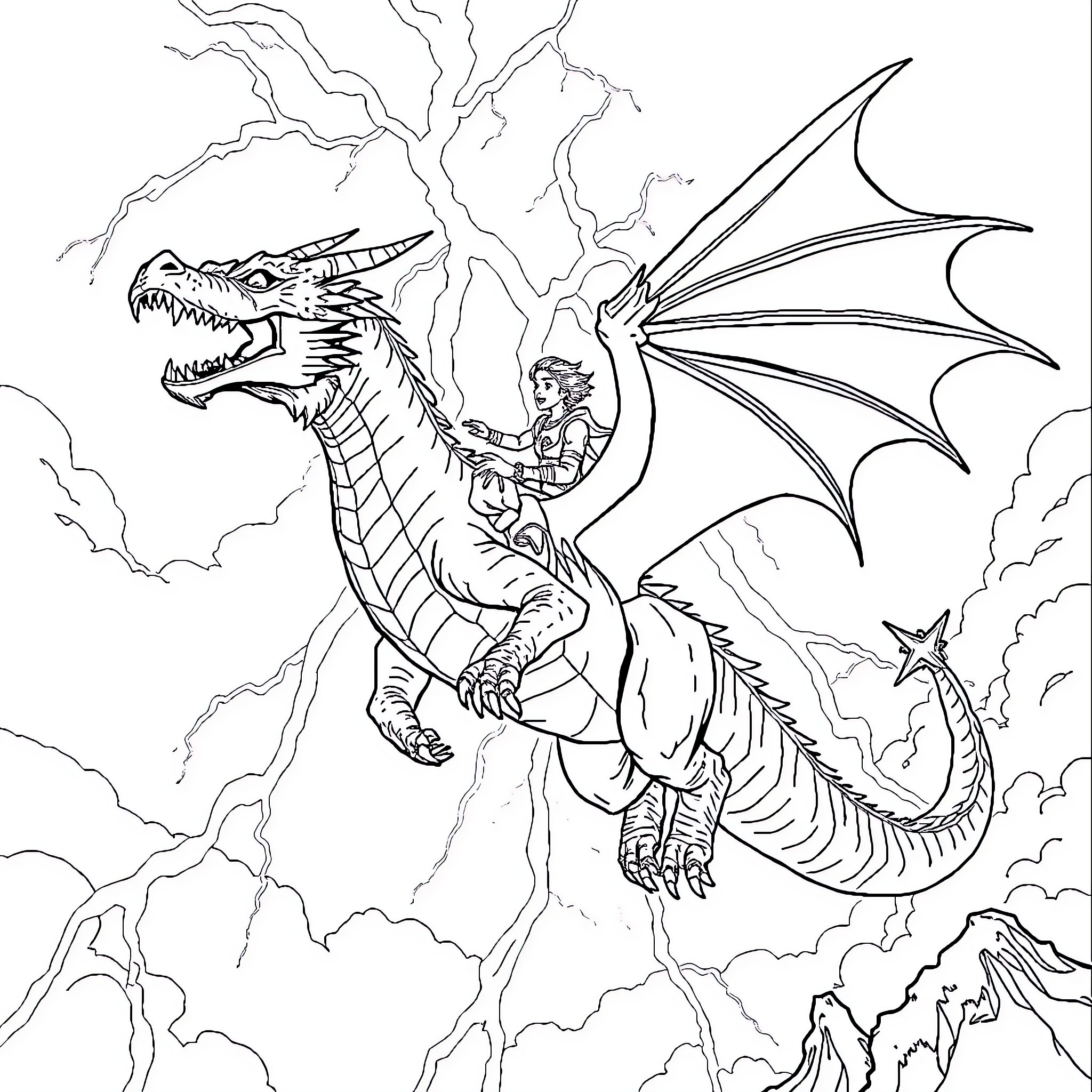 Dragon rider soaring through stormy skies Coloring Page (free black-and-white line drawing printable PDF for all, from beginners to advanced learners, including children, teens, adults, and seniors)