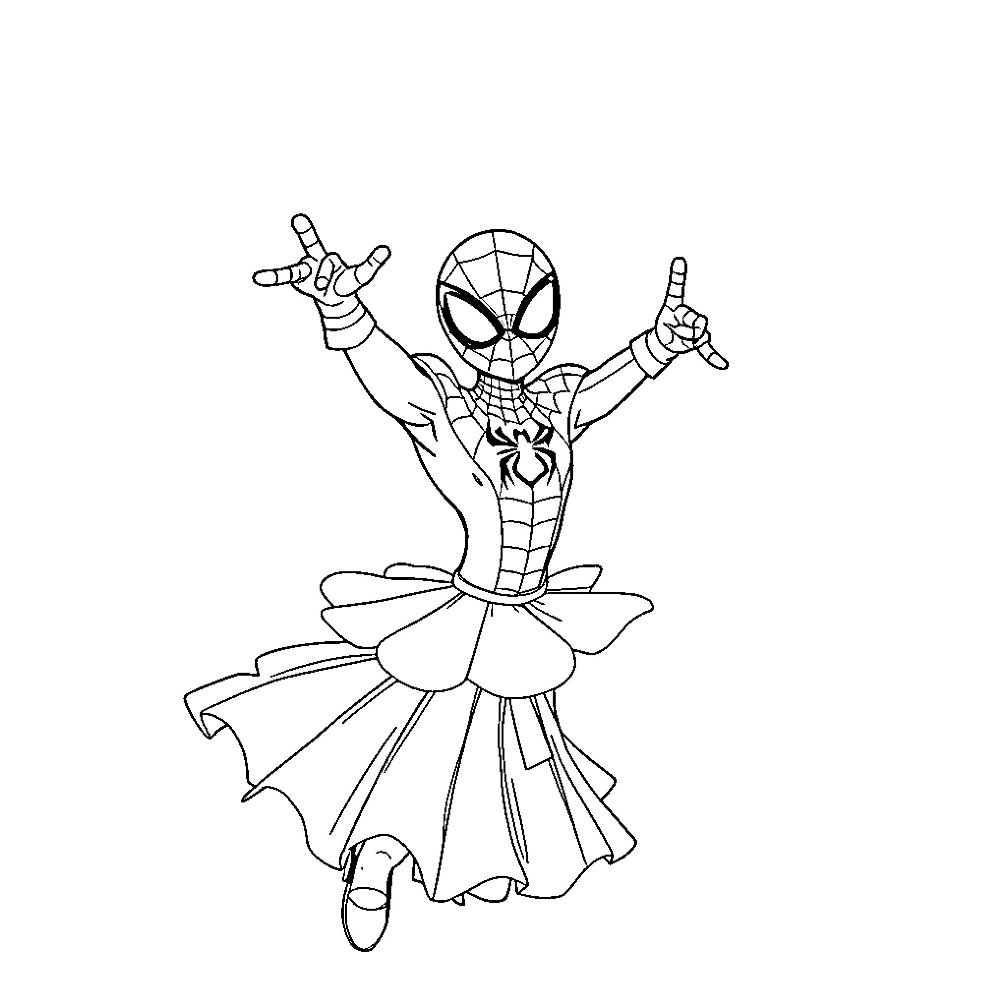 Spiderman dancing in a tutu costume Coloring Page (free black-and-white line drawing printable PDF for all, from beginners to advanced learners, including children, teens, adults, and seniors)