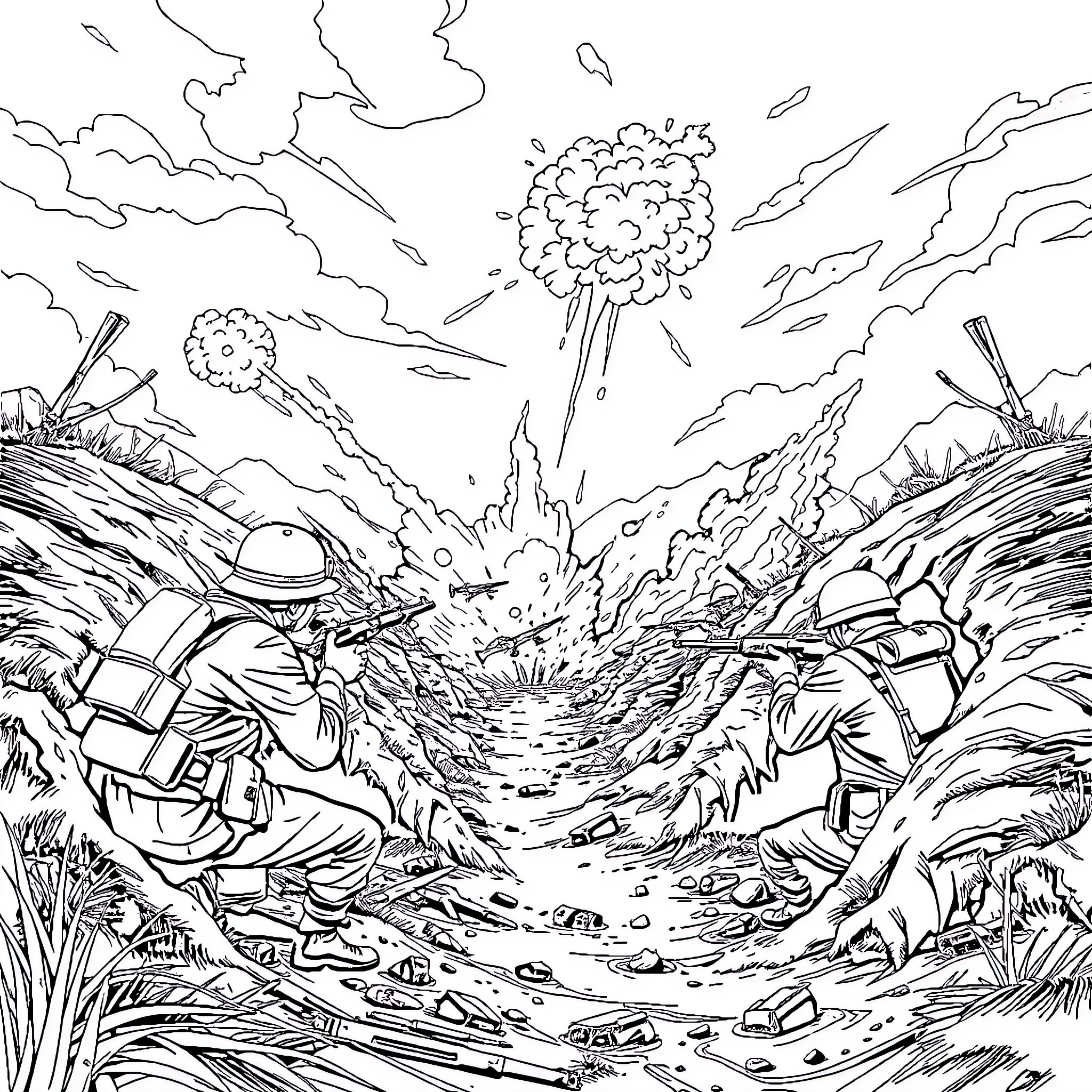 Foxhole soldiers in explosive battlefield Coloring Page (free black-and-white line drawing printable PDF for all, from beginners to advanced learners, including children, teens, adults, and seniors)