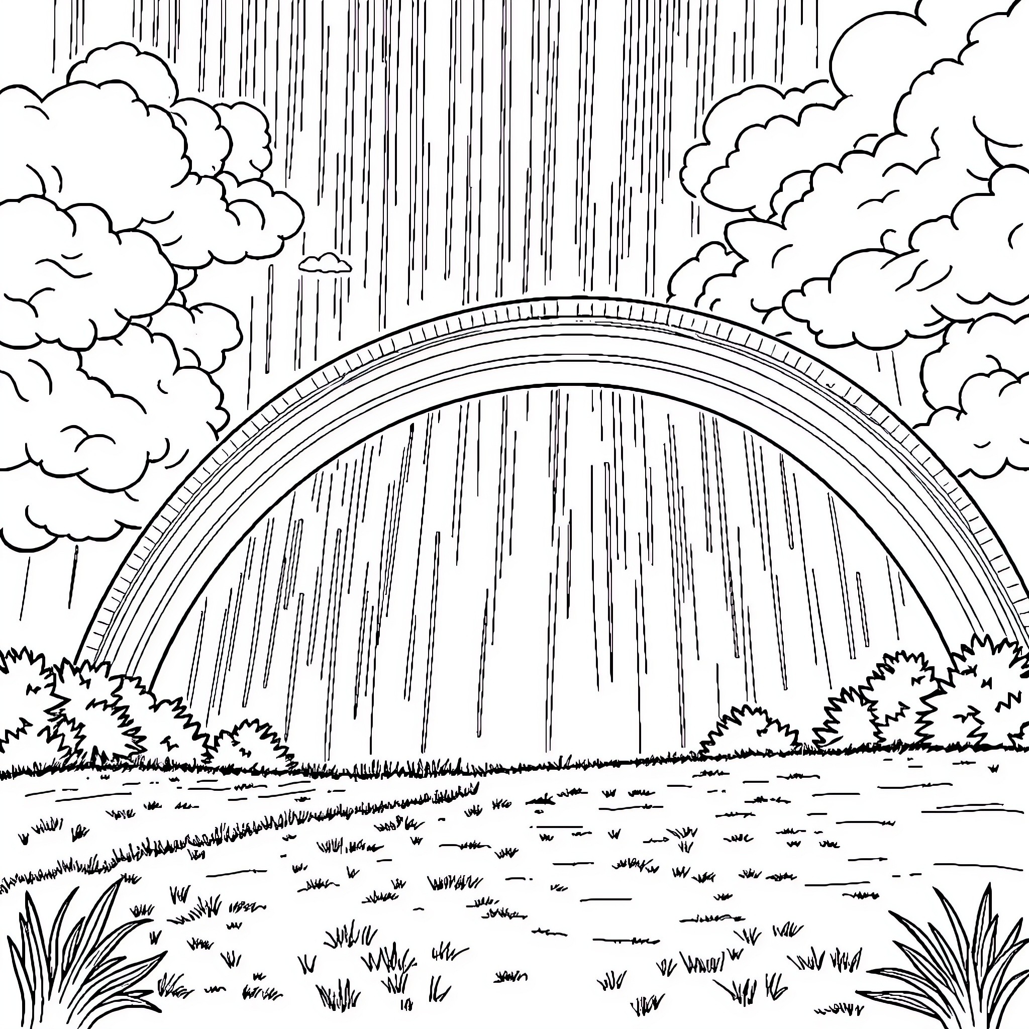 Rainbow Arch Emerging Through Stormy Skies Coloring Page (free black-and-white line drawing printable PDF for all, from beginners to advanced learners, including children, teens, adults, and seniors)