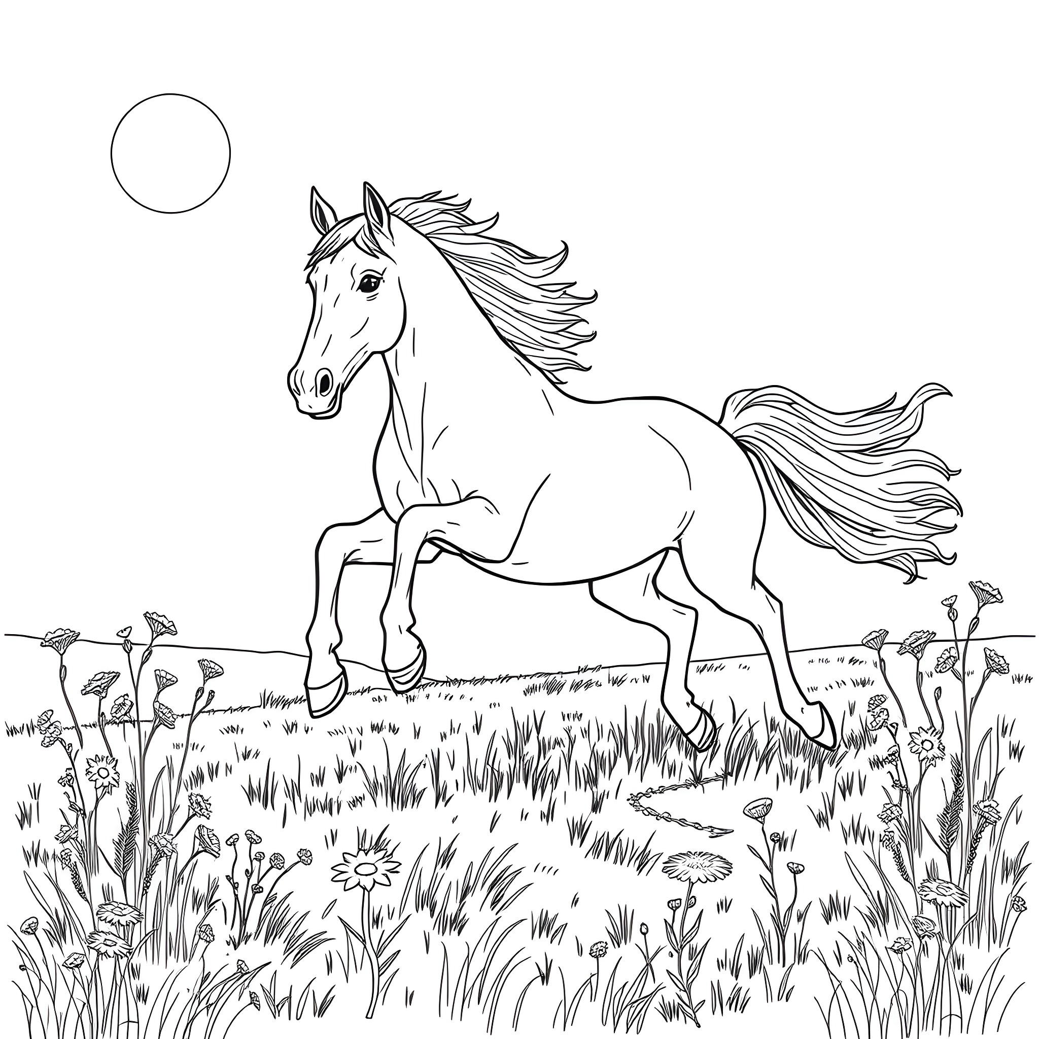 Horse running freely in a meadow Coloring Page (free black-and-white line drawing printable PDF for all, from beginners to advanced learners, including children, teens, adults, and seniors)