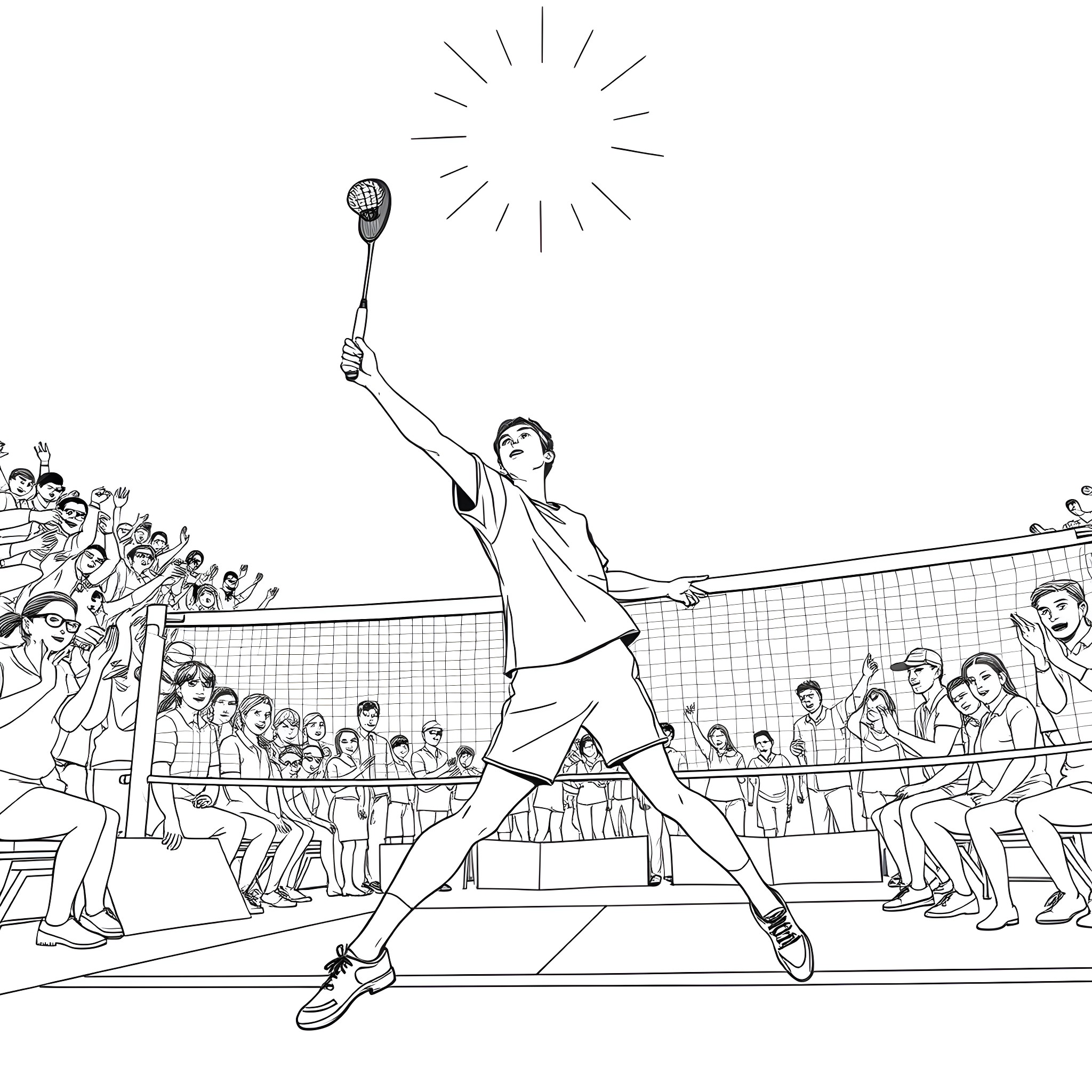 Avgeris Tsironis spiking the volleyball amidst the crowd Coloring Page (free black-and-white line drawing printable PDF for all, from beginners to advanced learners, including children, teens, adults, and seniors)