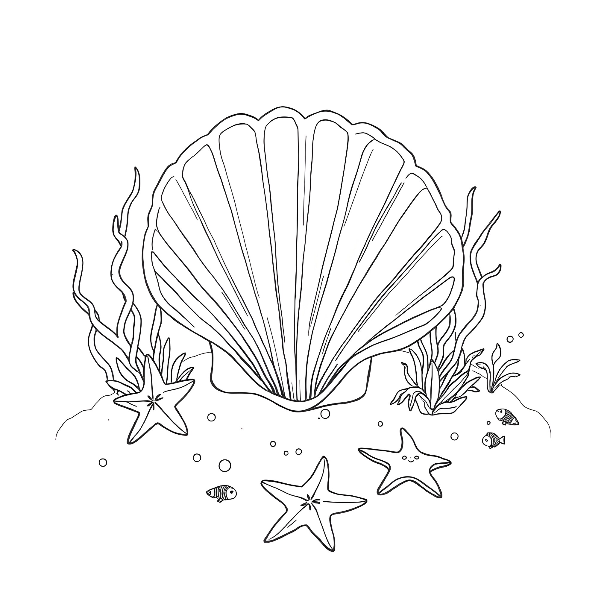 Seashell and starfish scene Coloring Page (free black-and-white line drawing printable PDF for all, from beginners to advanced learners, including children, teens, adults, and seniors)