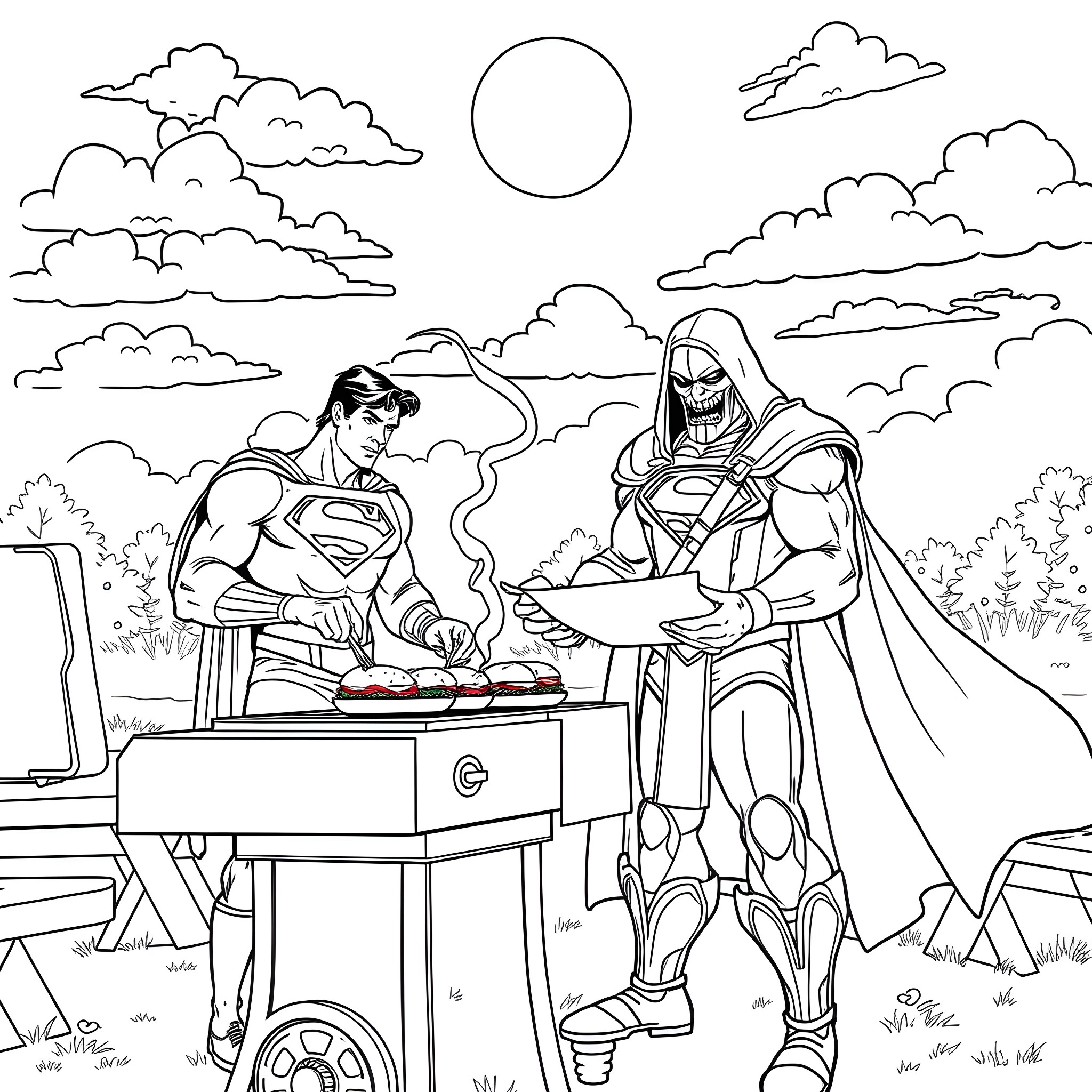 Superman and mysterious robed figure in outdoor scene Coloring Page (free black-and-white line drawing printable PDF for all, from beginners to advanced learners, including children, teens, adults, and seniors)