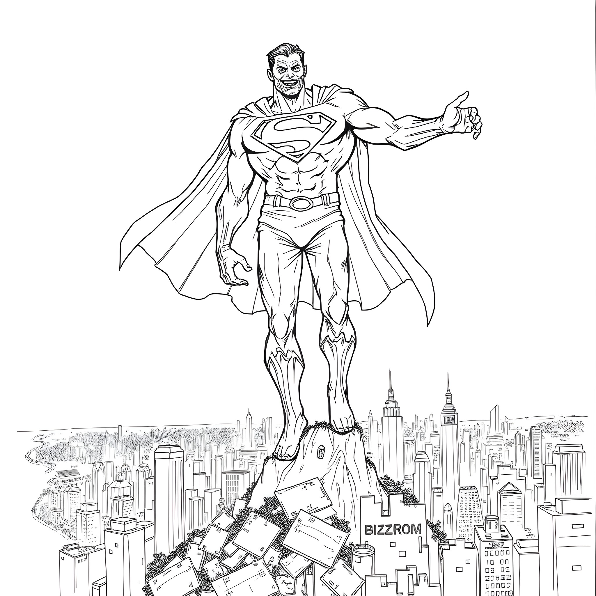 Zombie superhero battling over the destroyed city Coloring Page (free black-and-white line drawing printable PDF for all, from beginners to advanced learners, including children, teens, adults, and seniors)