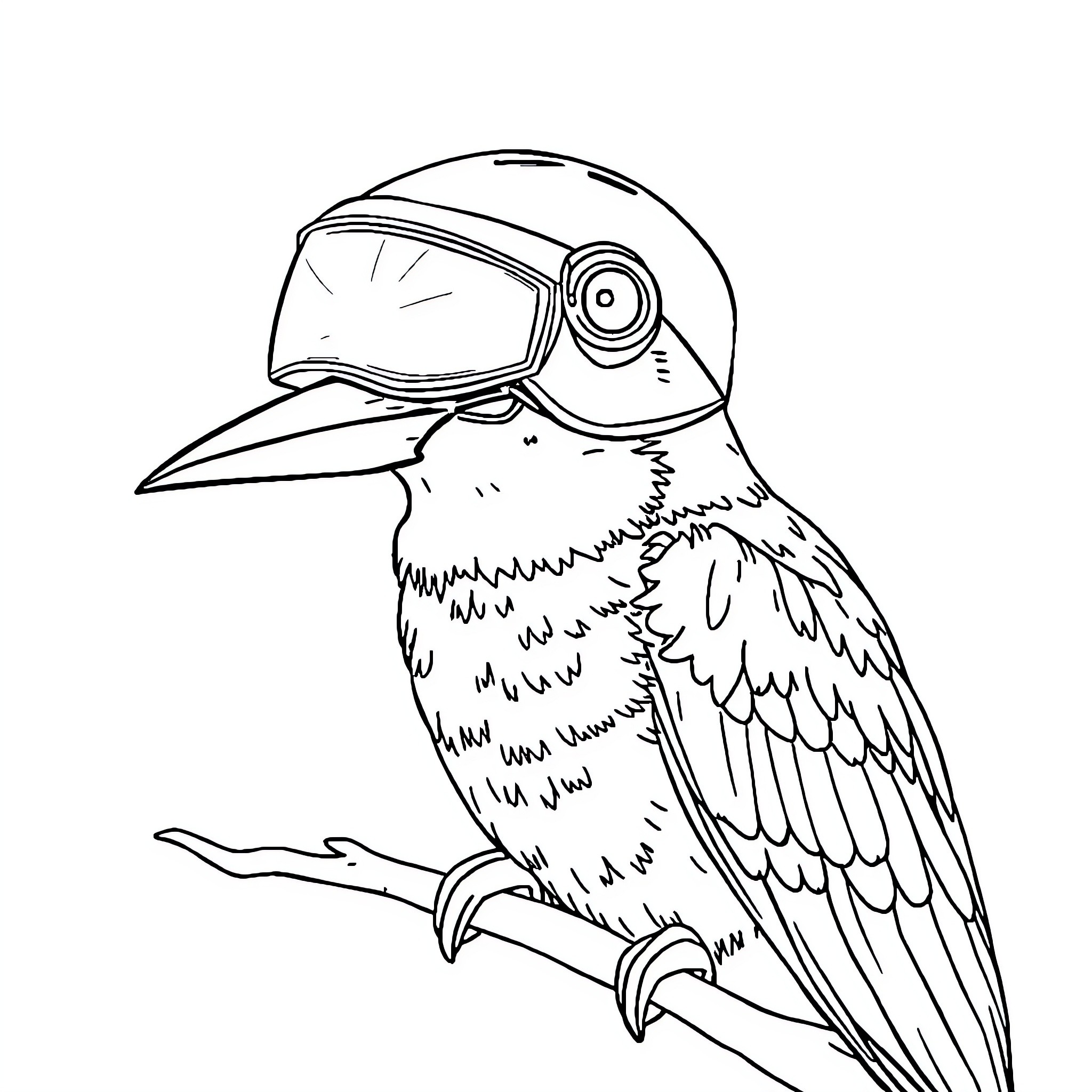 Bird wearing futuristic helmet in monochrome illustration Coloring Page (free black-and-white line drawing printable PDF for all, from beginners to advanced learners, including children, teens, adults, and seniors)