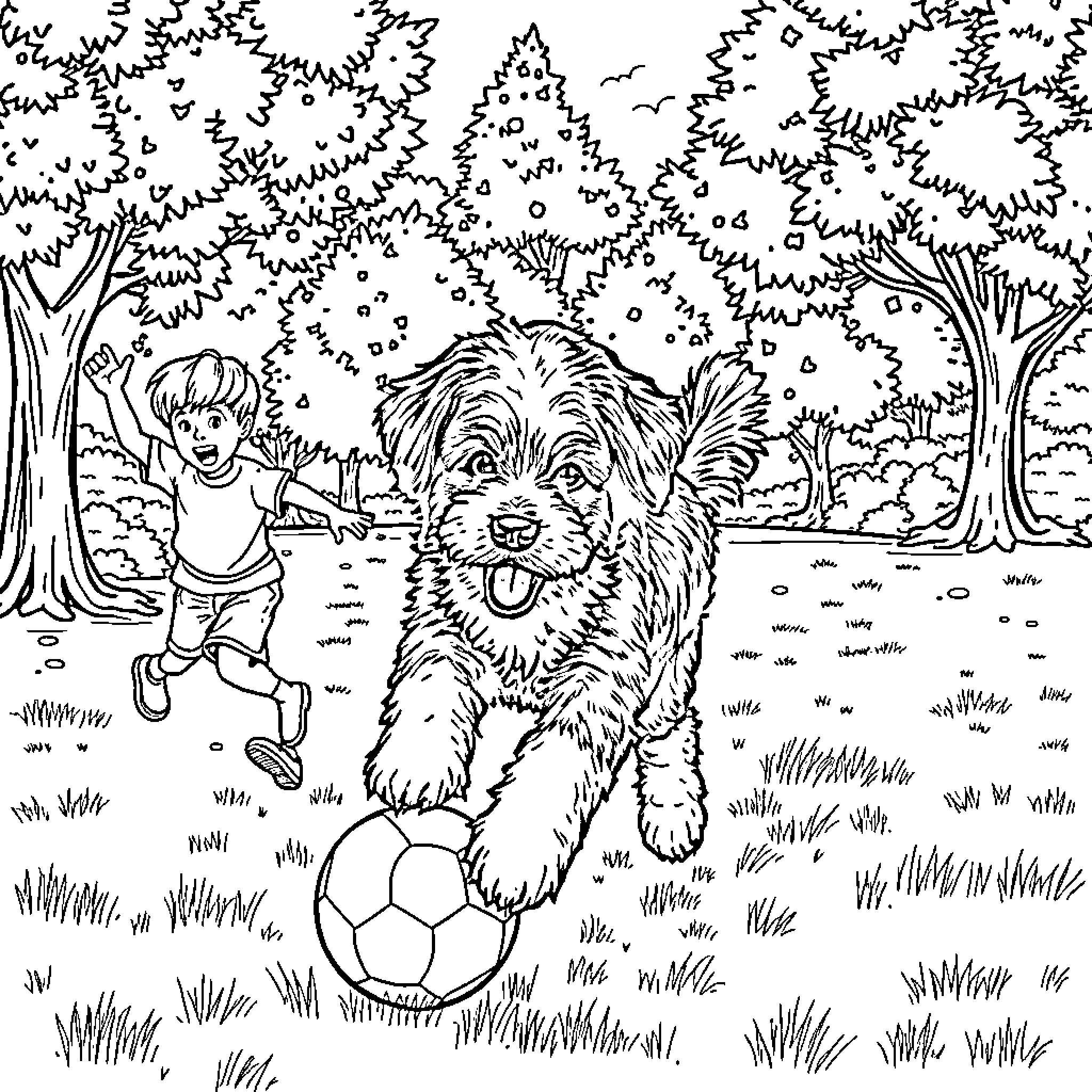 Bernedoodle playing joyfully with boy in forest Coloring Page (free black-and-white line drawing printable PDF for all, from beginners to advanced learners, including children, teens, adults, and seniors)