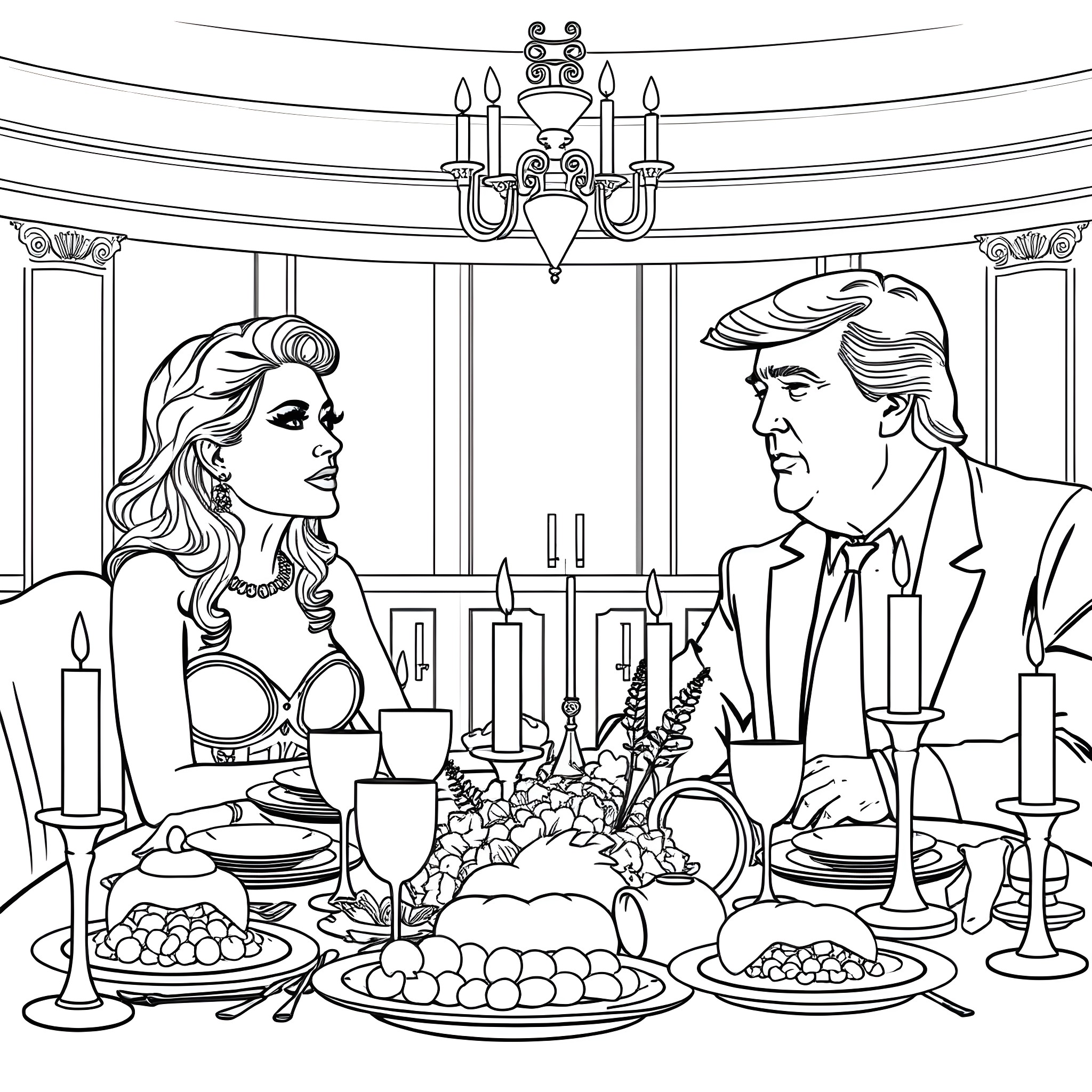 J.lo enjoying a formal dinner with a distinguished guest Coloring Page (free black-and-white line drawing printable PDF for all, from beginners to advanced learners, including children, teens, adults, and seniors)