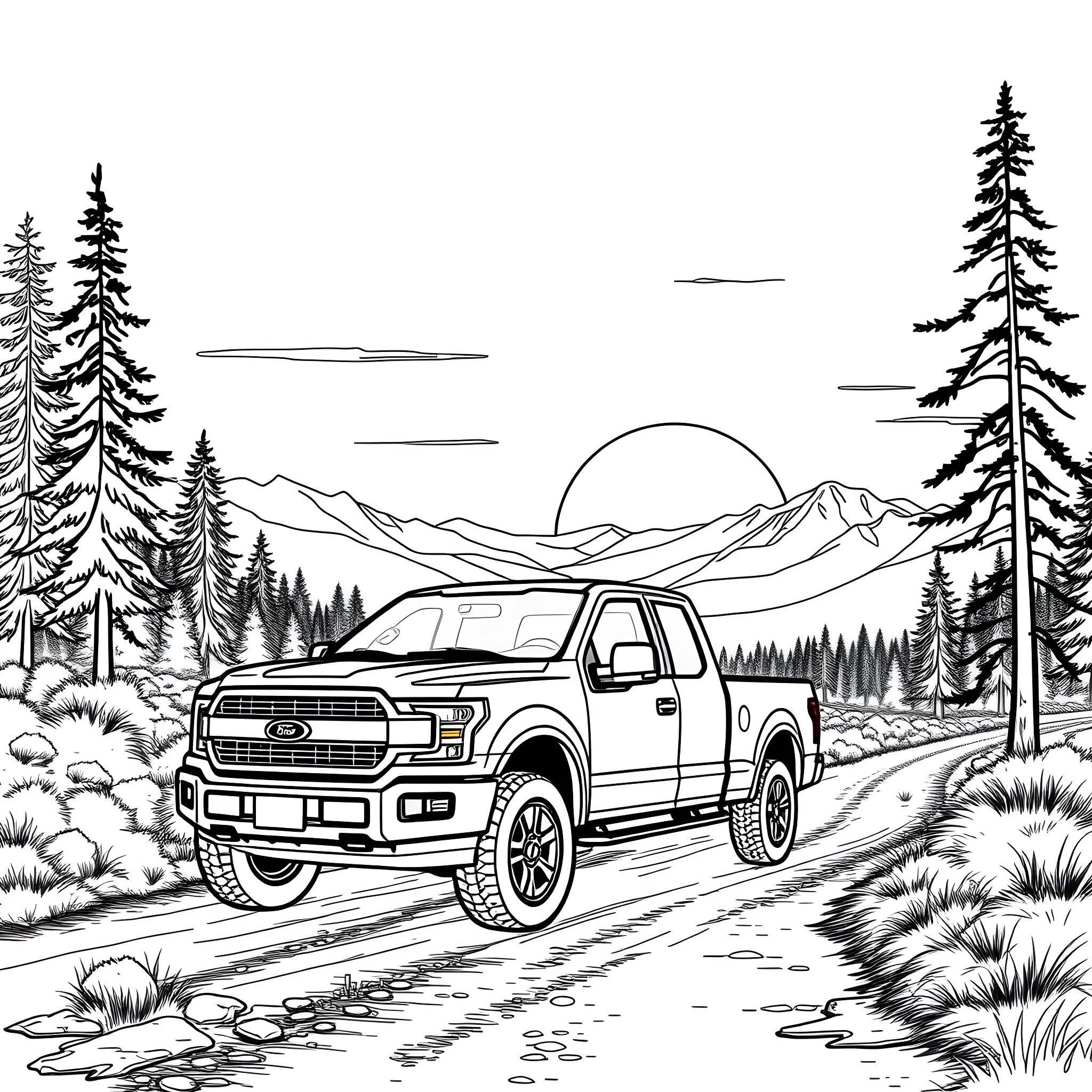Pick Up Truck Driving on Mountain Road Coloring Page (free black-and-white line drawing printable PDF for all, from beginners to advanced learners, including children, teens, adults, and seniors)
