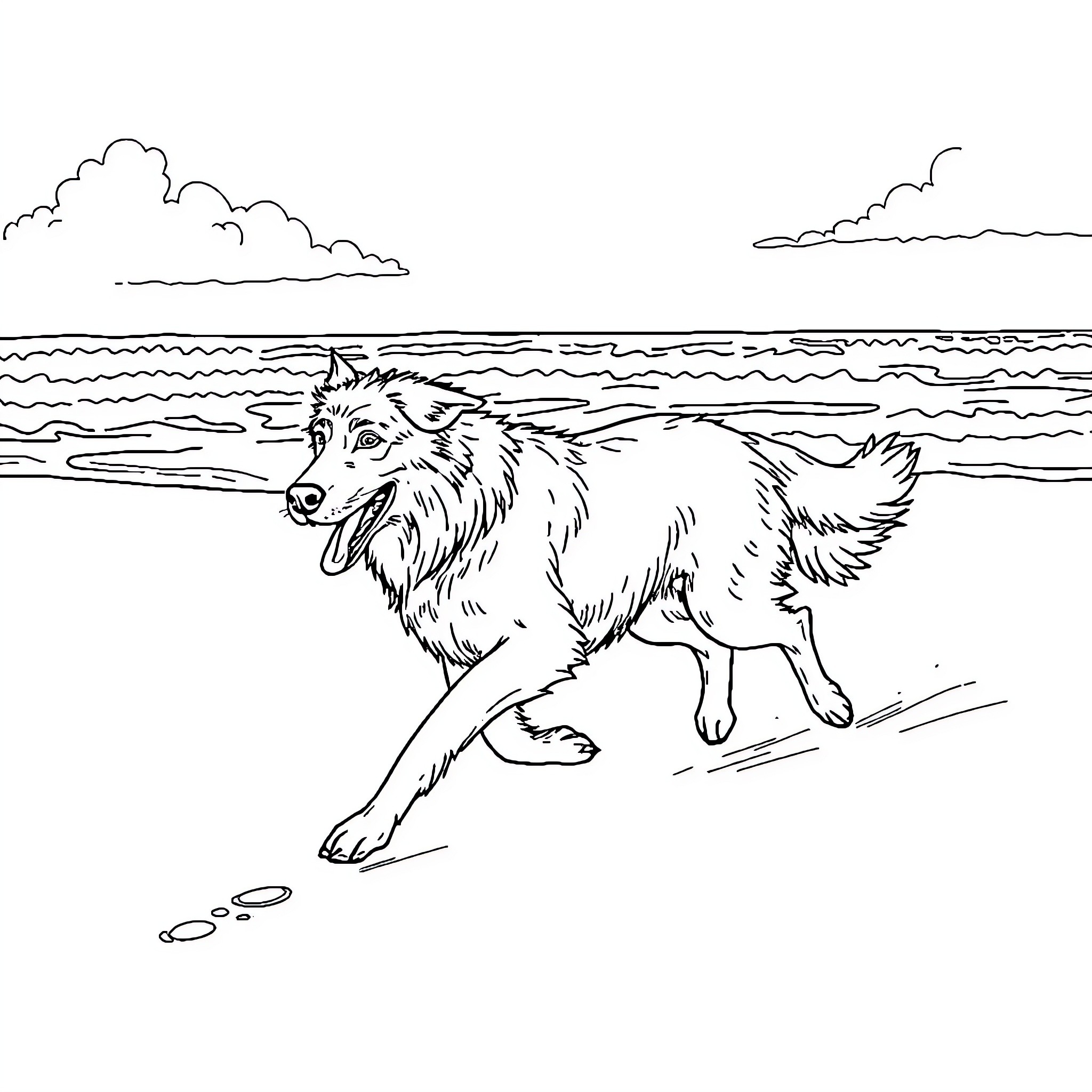 Maremma Sheepdog running on the beach Coloring Page (free black-and-white line drawing printable PDF for all, from beginners to advanced learners, including children, teens, adults, and seniors)