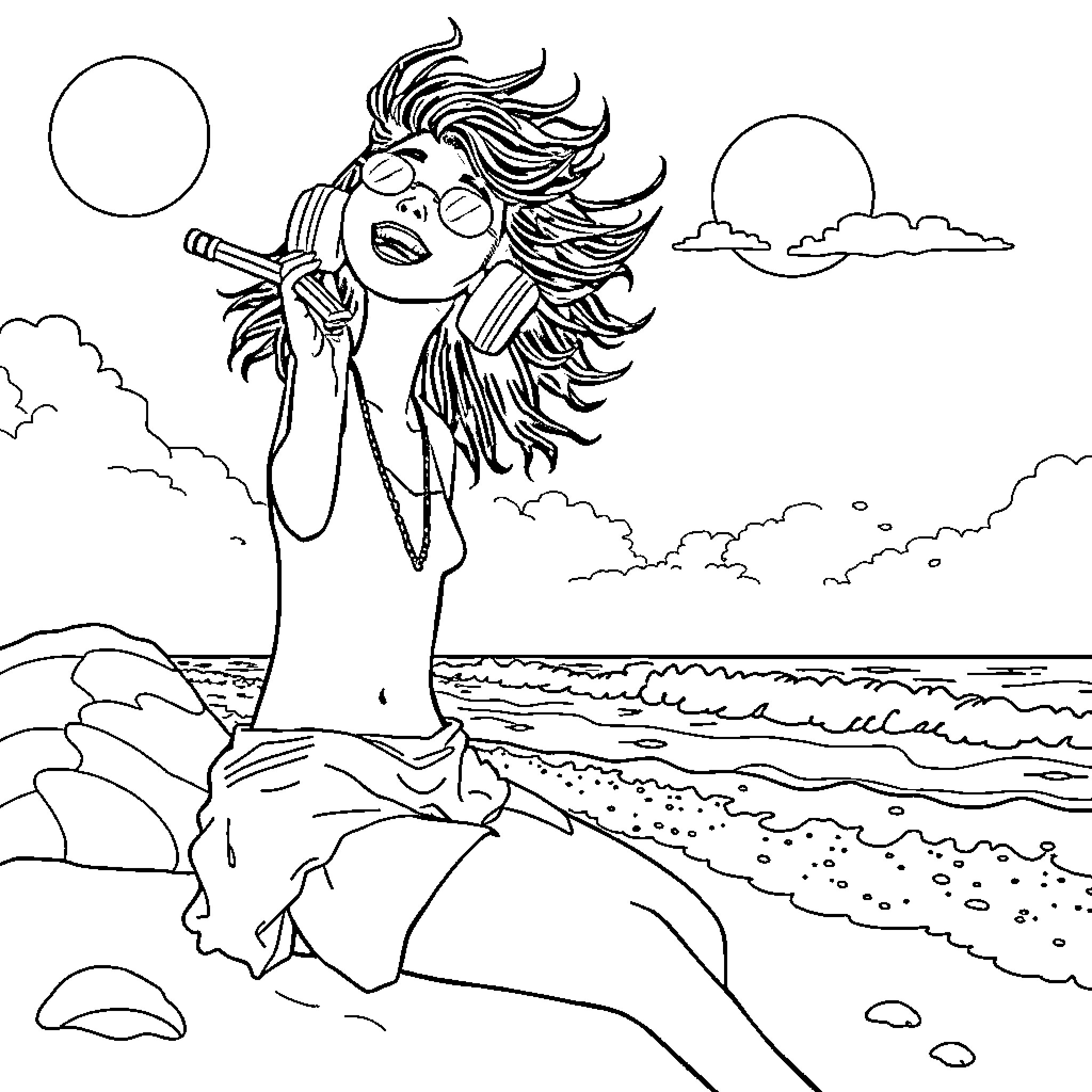 K Pop Mermaid Singing on the Beach Coloring Page (free black-and-white line drawing printable PDF for all, from beginners to advanced learners, including children, teens, adults, and seniors)