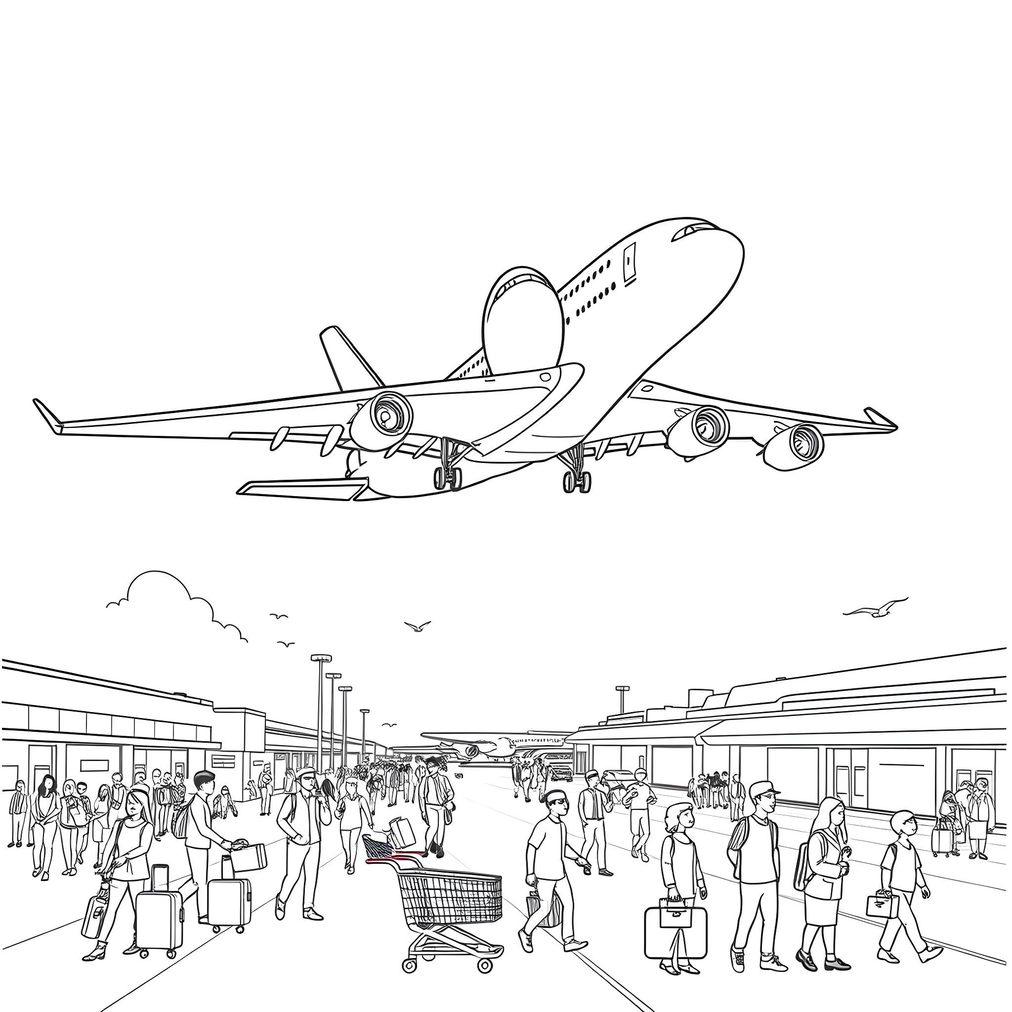 A380 Airplane Flying Over Busy Airport Terminal Coloring Page (free black-and-white line drawing printable PDF for all, from beginners to advanced learners, including children, teens, adults, and seniors)