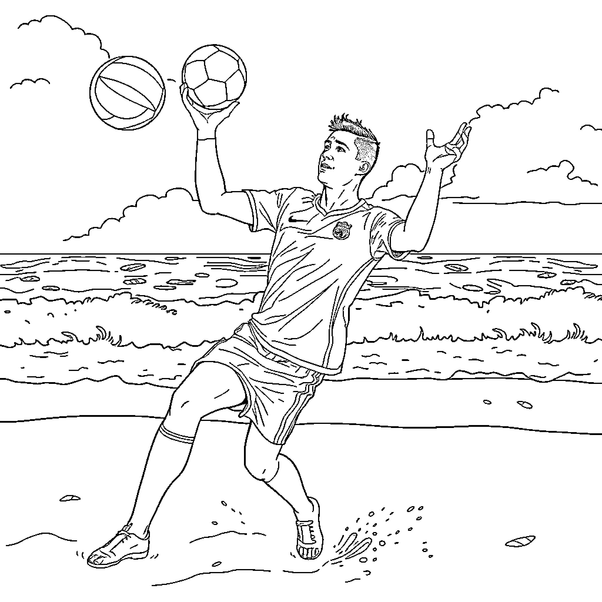 Cristiano Ronaldo Juggles Balls Triumphantly on the Beach Coloring Page (free black-and-white line drawing printable PDF for all, from beginners to advanced learners, including children, teens, adults, and seniors)