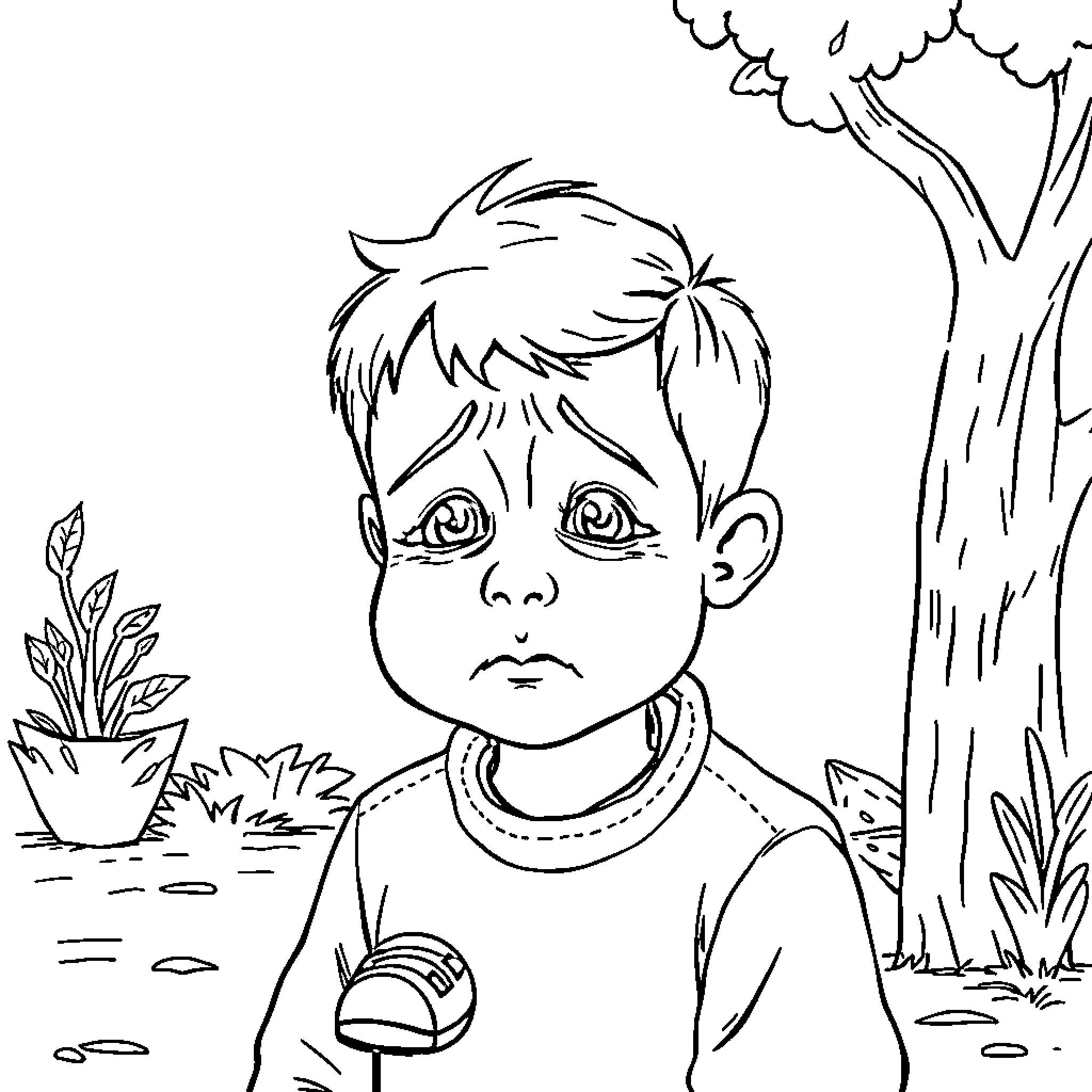 Niño gazing solemnly in outdoor scene Coloring Page (free black-and-white line drawing printable PDF for all, from beginners to advanced learners, including children, teens, adults, and seniors)