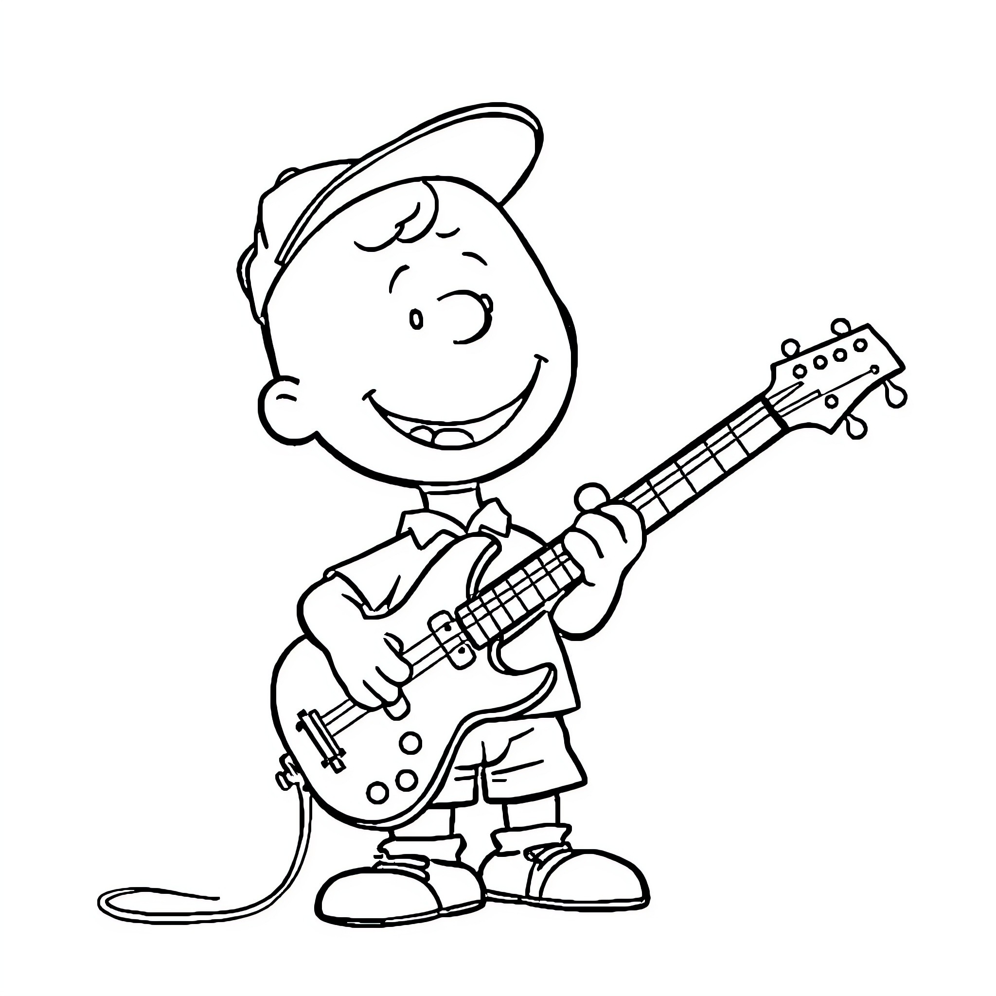 Charlie Brown playing guitar happily Coloring Page (free black-and-white line drawing printable PDF for all, from beginners to advanced learners, including children, teens, adults, and seniors)