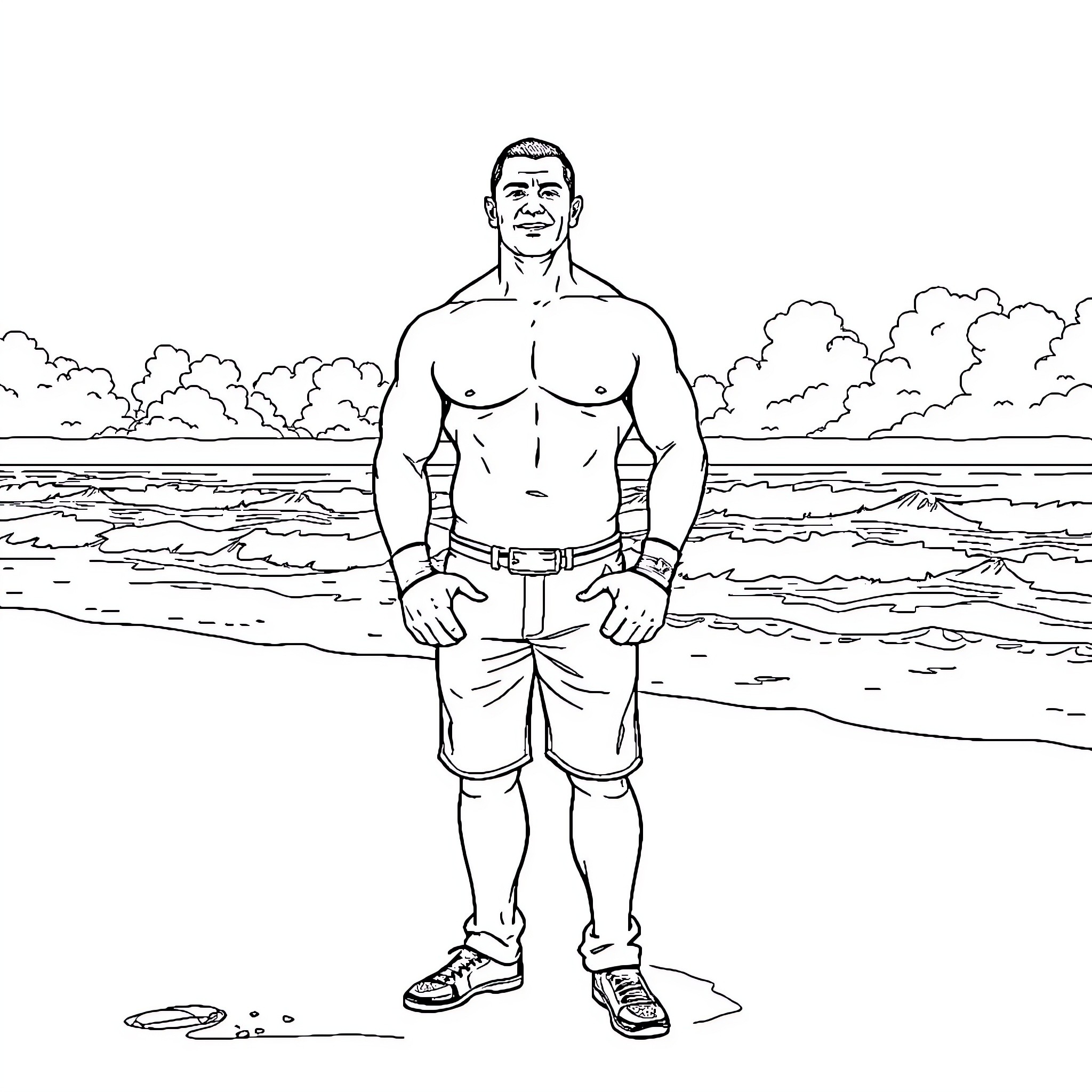 John Cena enjoying a relaxing day at the beach Coloring Page (free black-and-white line drawing printable PDF for all, from beginners to advanced learners, including children, teens, adults, and seniors)