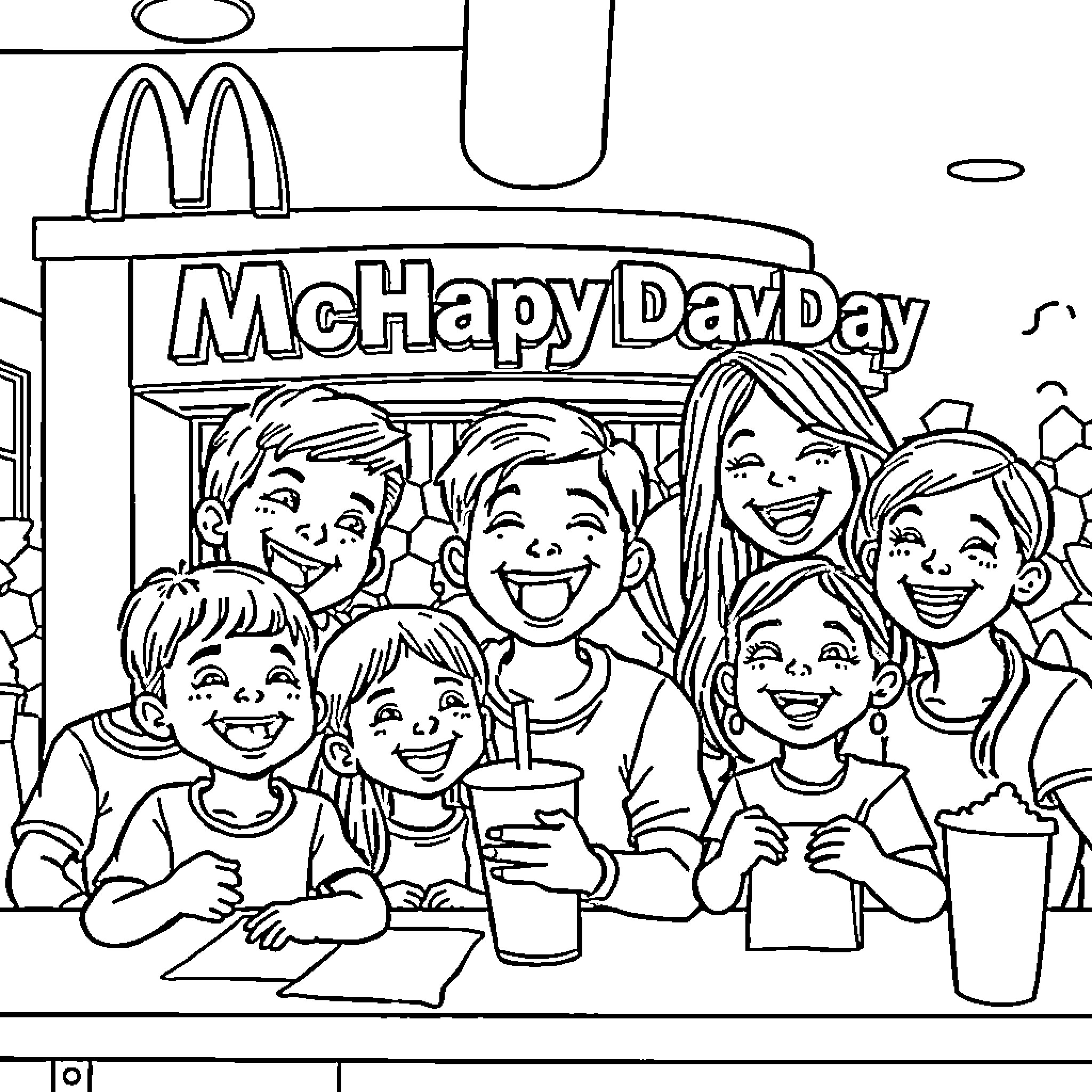 Mchappy Day Celebration with Cheerful Friends Coloring Page (free black-and-white line drawing printable PDF for all, from beginners to advanced learners, including children, teens, adults, and seniors)