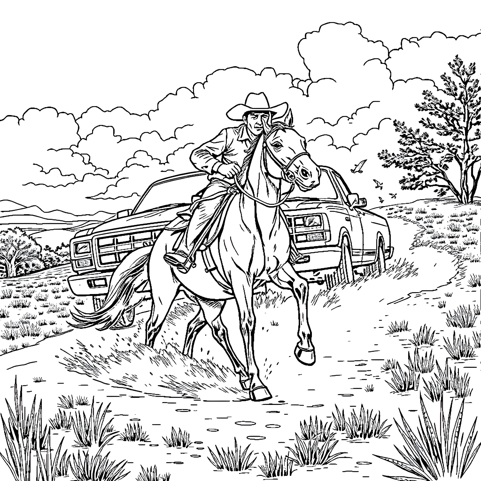 Cowboy riding horse through scenic countryside Coloring Page (free black-and-white line drawing printable PDF for all, from beginners to advanced learners, including children, teens, adults, and seniors)