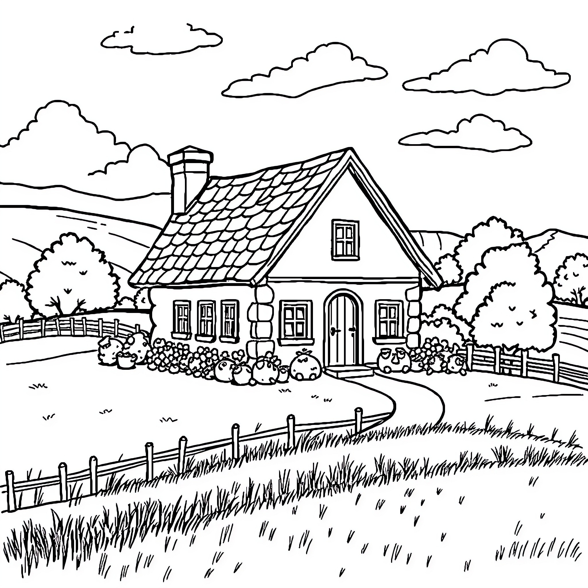House with landscape and nature scenery Coloring Page (free black-and-white line drawing printable PDF for all, from beginners to advanced learners, including children, teens, adults, and seniors)