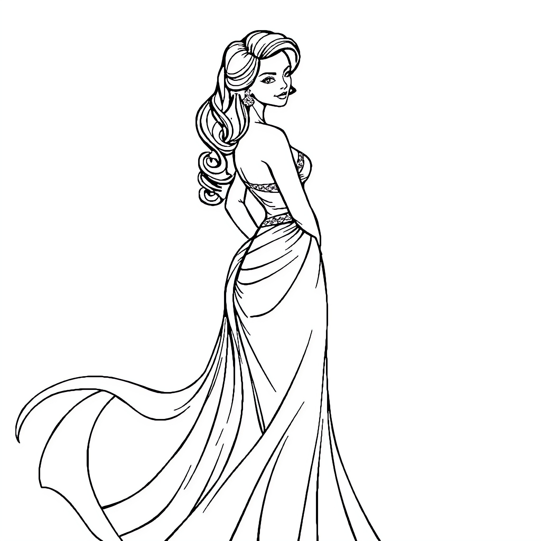 Dame in elegant evening gown and flowing hair Coloring Page (free black-and-white line drawing printable PDF for all, from beginners to advanced learners, including children, teens, adults, and seniors)