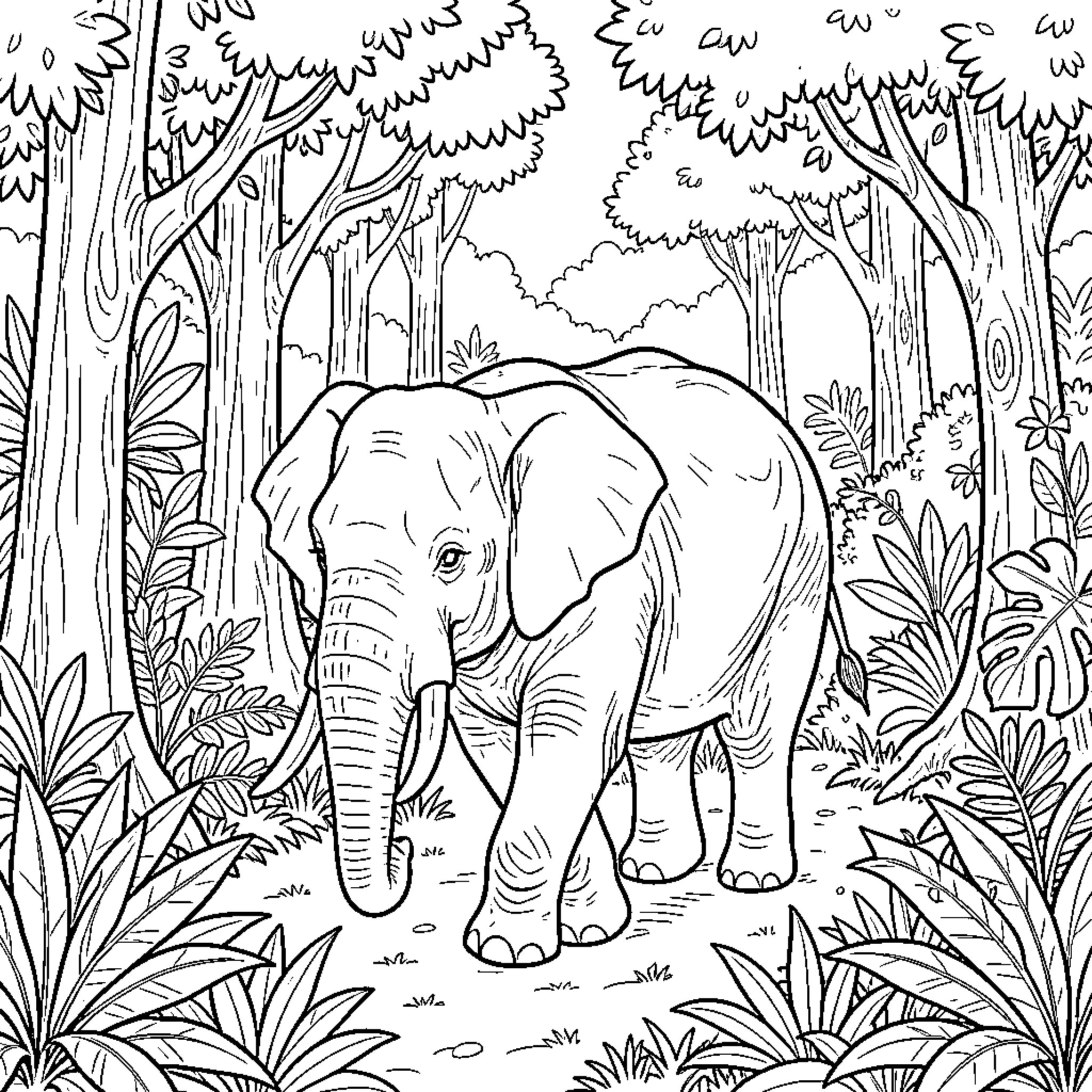 Elephant exploring the lush jungle Coloring Page (free black-and-white line drawing printable PDF for all, from beginners to advanced learners, including children, teens, adults, and seniors)