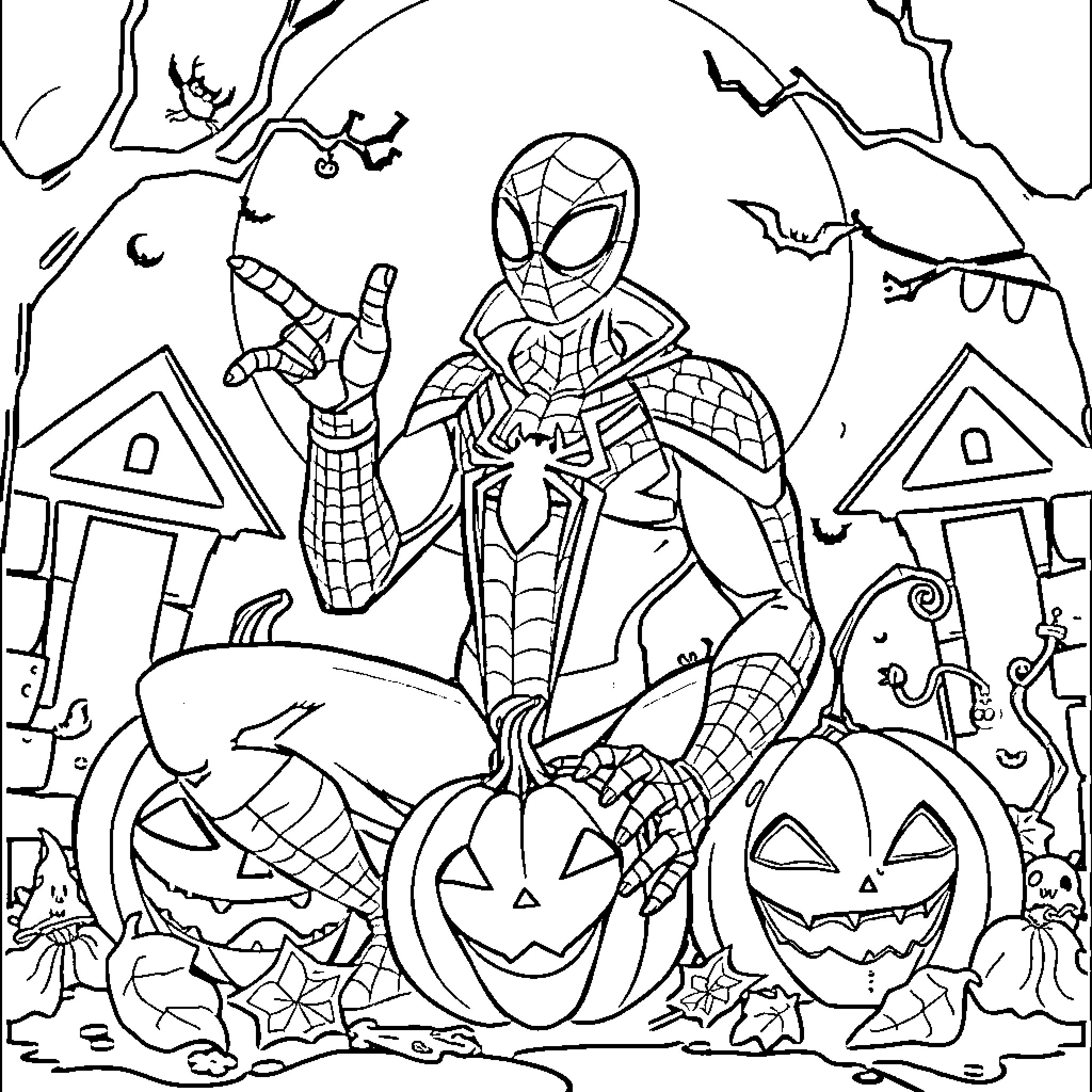 Spider-Man fighting spooky Halloween creatures Coloring Page (free black-and-white line drawing printable PDF for all, from beginners to advanced learners, including children, teens, adults, and seniors)