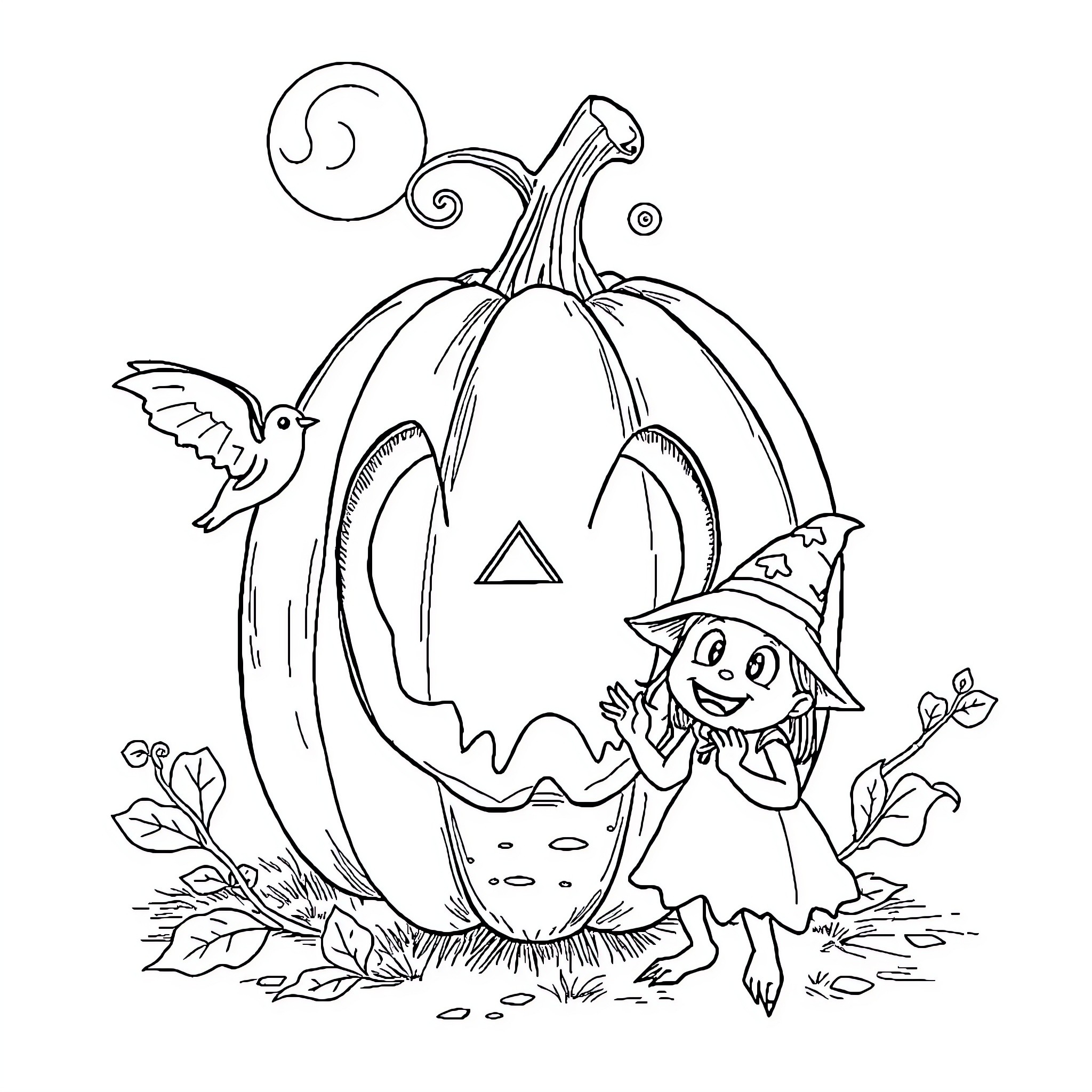 Halloween Pumpkin with Friendly Witch and Hummingbird Coloring Page (free black-and-white line drawing printable PDF for all, from beginners to advanced learners, including children, teens, adults, and seniors)