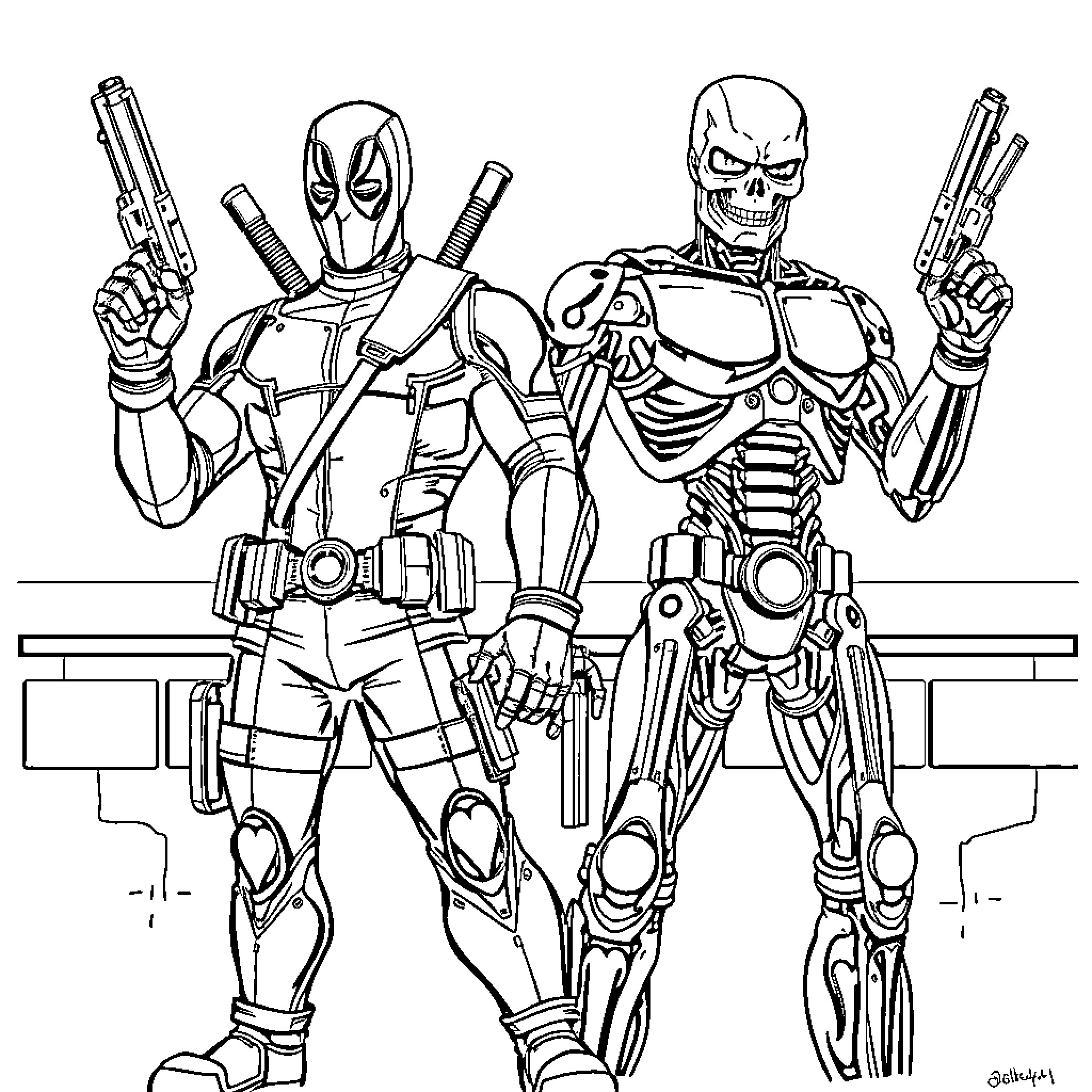 Deadpool and Terminator duo ready for action Coloring Page (free black-and-white line drawing printable PDF for all, from beginners to advanced learners, including children, teens, adults, and seniors)