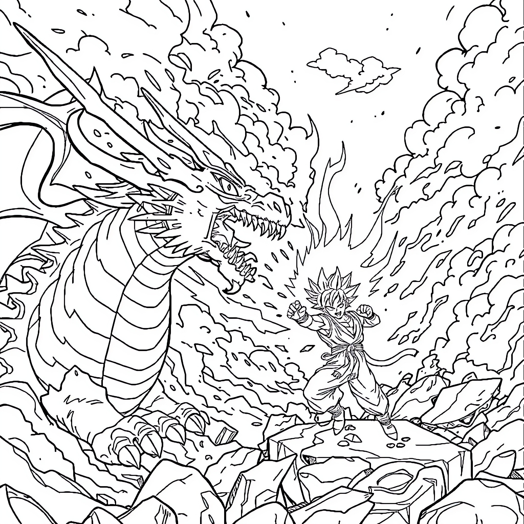 Dragon Attacking a Warrior Amidst Clouds of Smoke Coloring Page (free black-and-white line drawing printable PDF for all, from beginners to advanced learners, including children, teens, adults, and seniors)