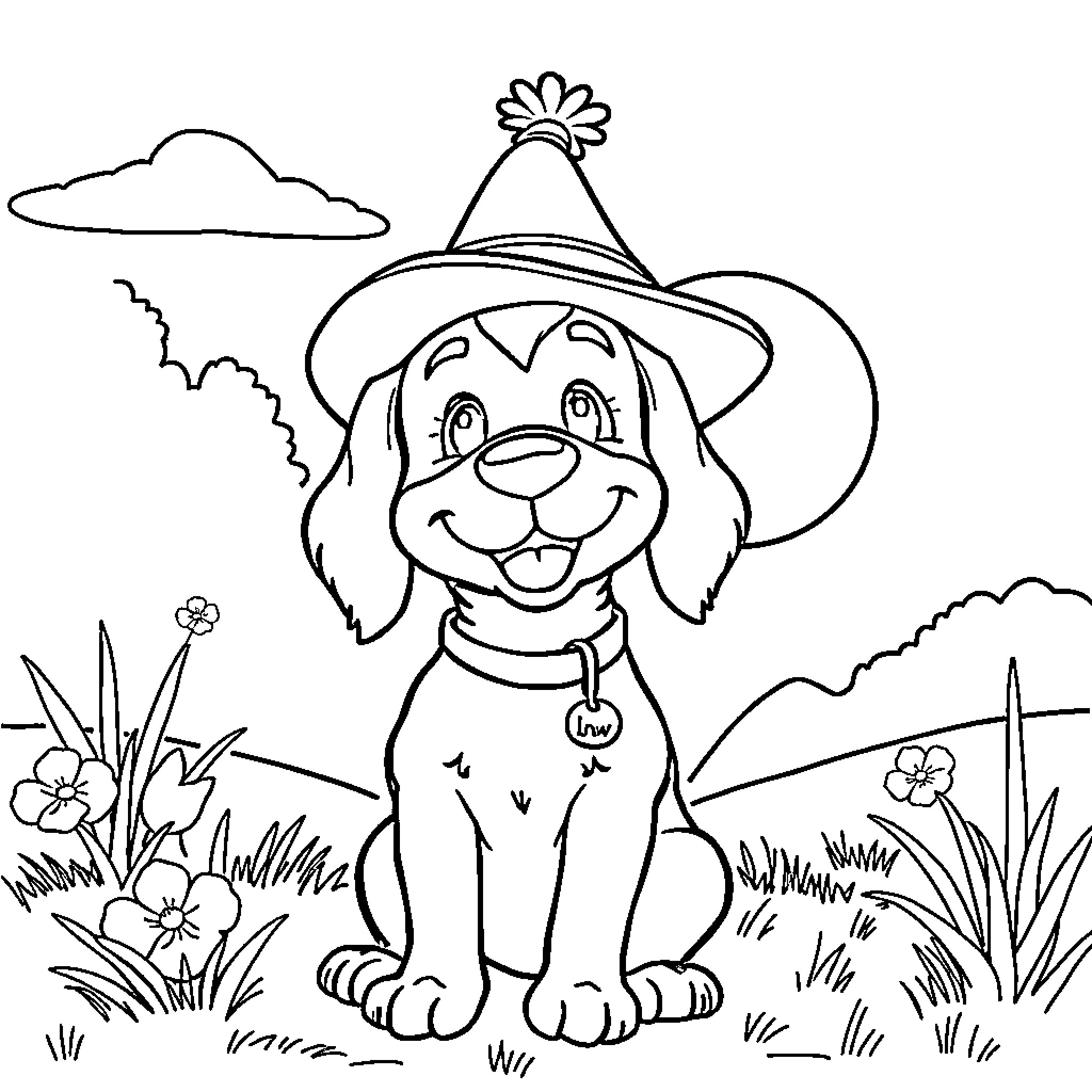 Dog wearing a party hat in a field Coloring Page (free black-and-white line drawing printable PDF for all, from beginners to advanced learners, including children, teens, adults, and seniors)