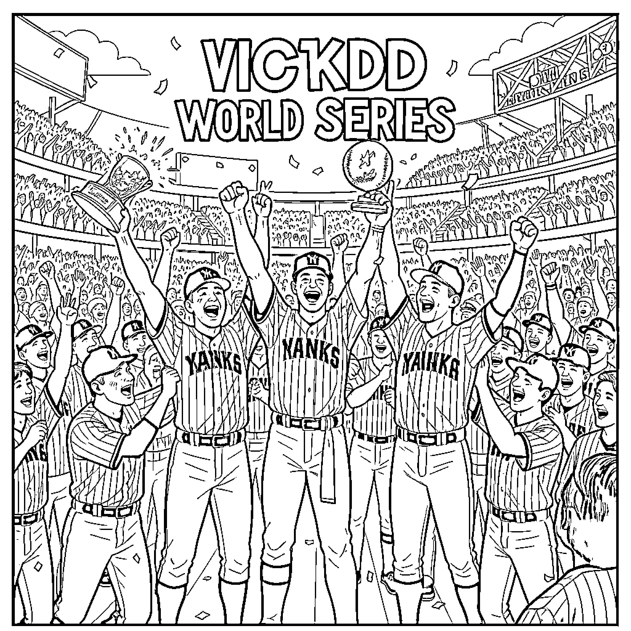 Yankees players celebrating a World Series victory Coloring Page (free black-and-white line drawing printable PDF for all, from beginners to advanced learners, including children, teens, adults, and seniors)