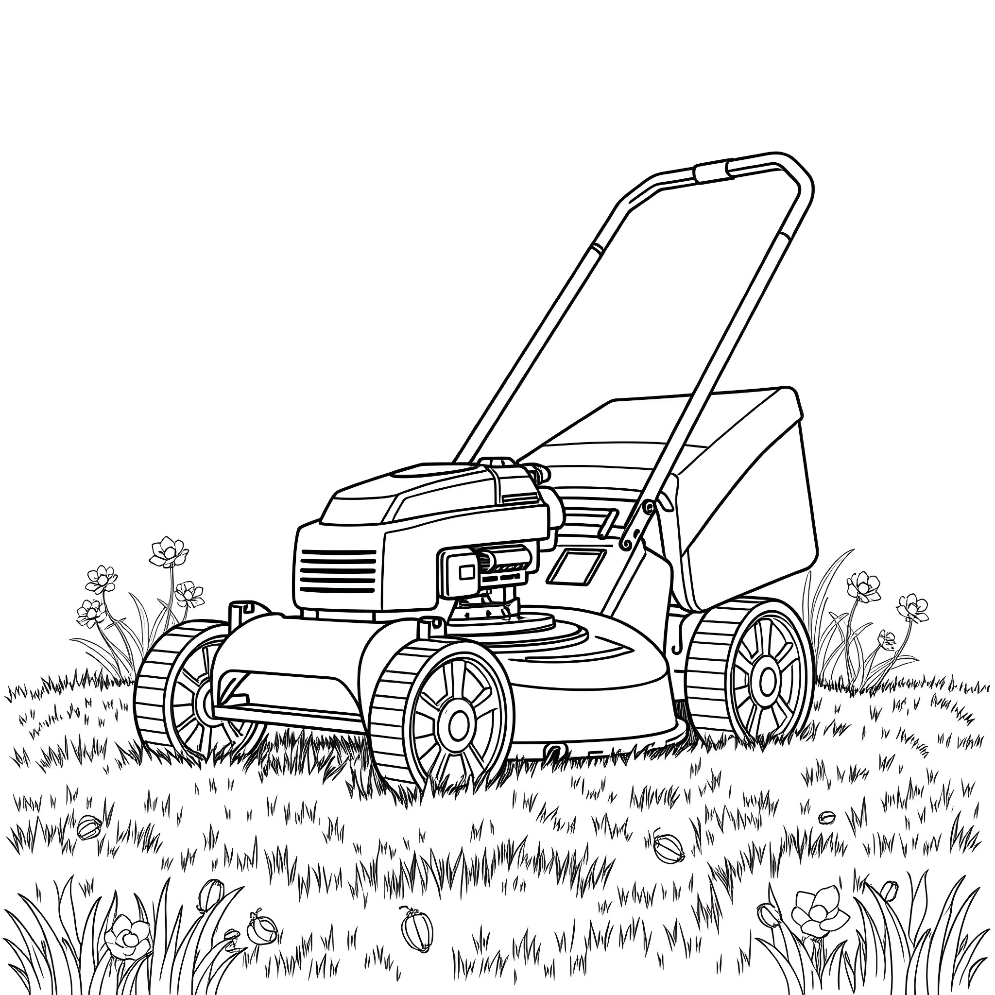 Mower cutting grass in lush garden Coloring Page (free black-and-white line drawing printable PDF for all, from beginners to advanced learners, including children, teens, adults, and seniors)