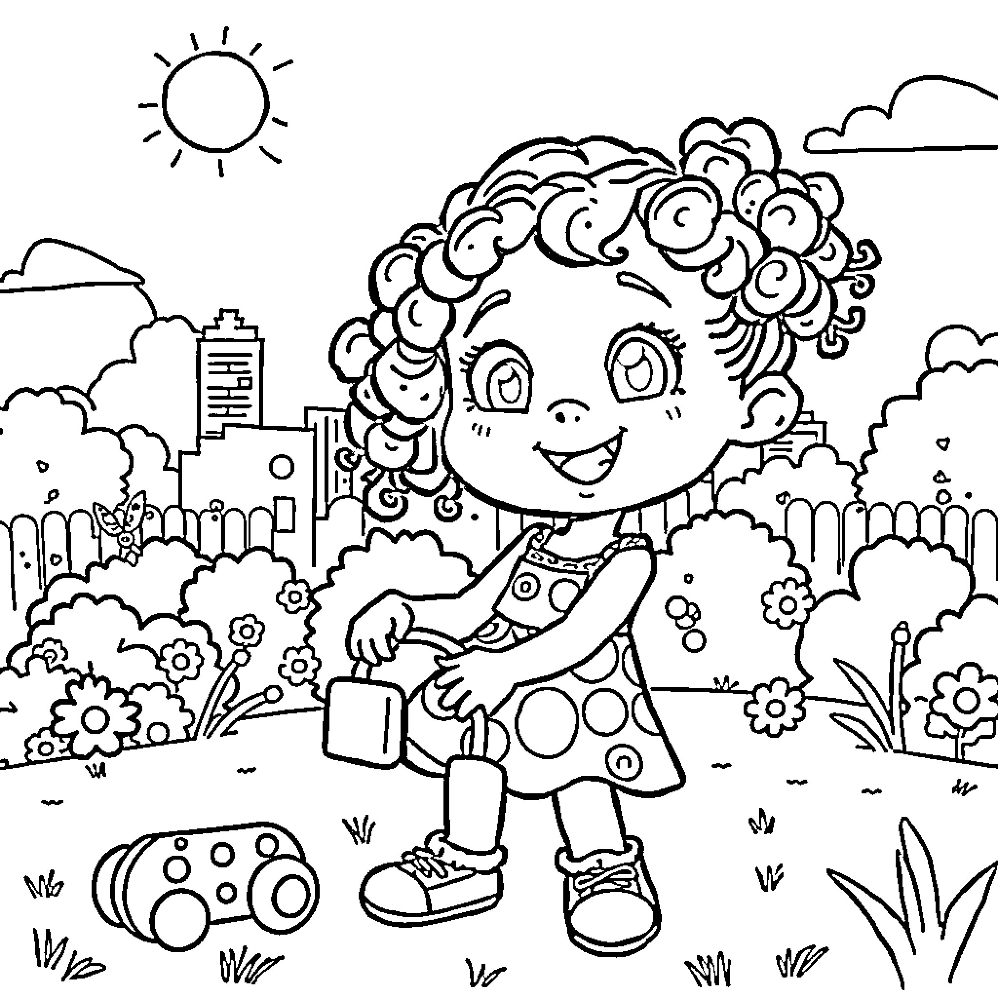Zizi's Playful Adventure in the Blooming City Coloring Page (free black-and-white line drawing printable PDF for all, from beginners to advanced learners, including children, teens, adults, and seniors)